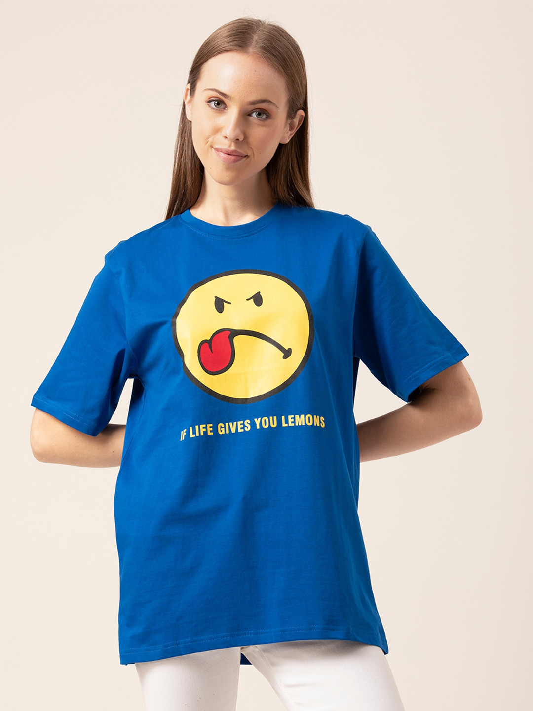 Lounge Dreams Women Blue Typography Printed Applique Oversized  T-shirt