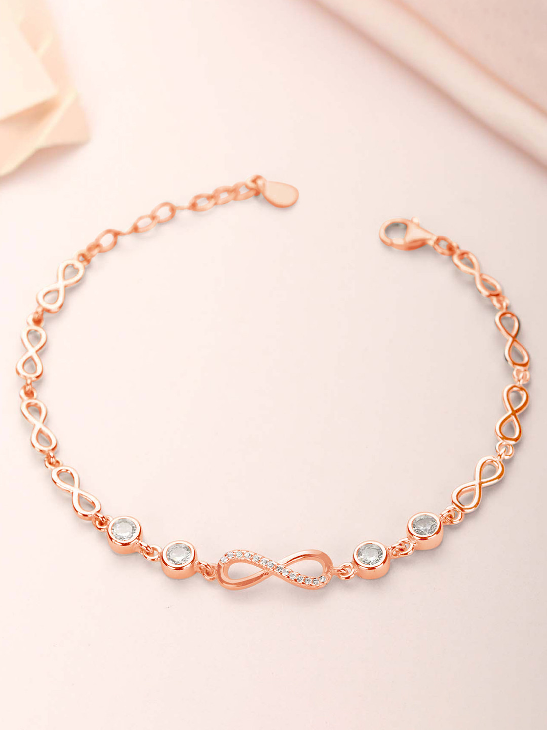 Zavya Women Infinity 925 Sterling Silver Cubic Zirconia Rose Gold-Plated Link Bracelet