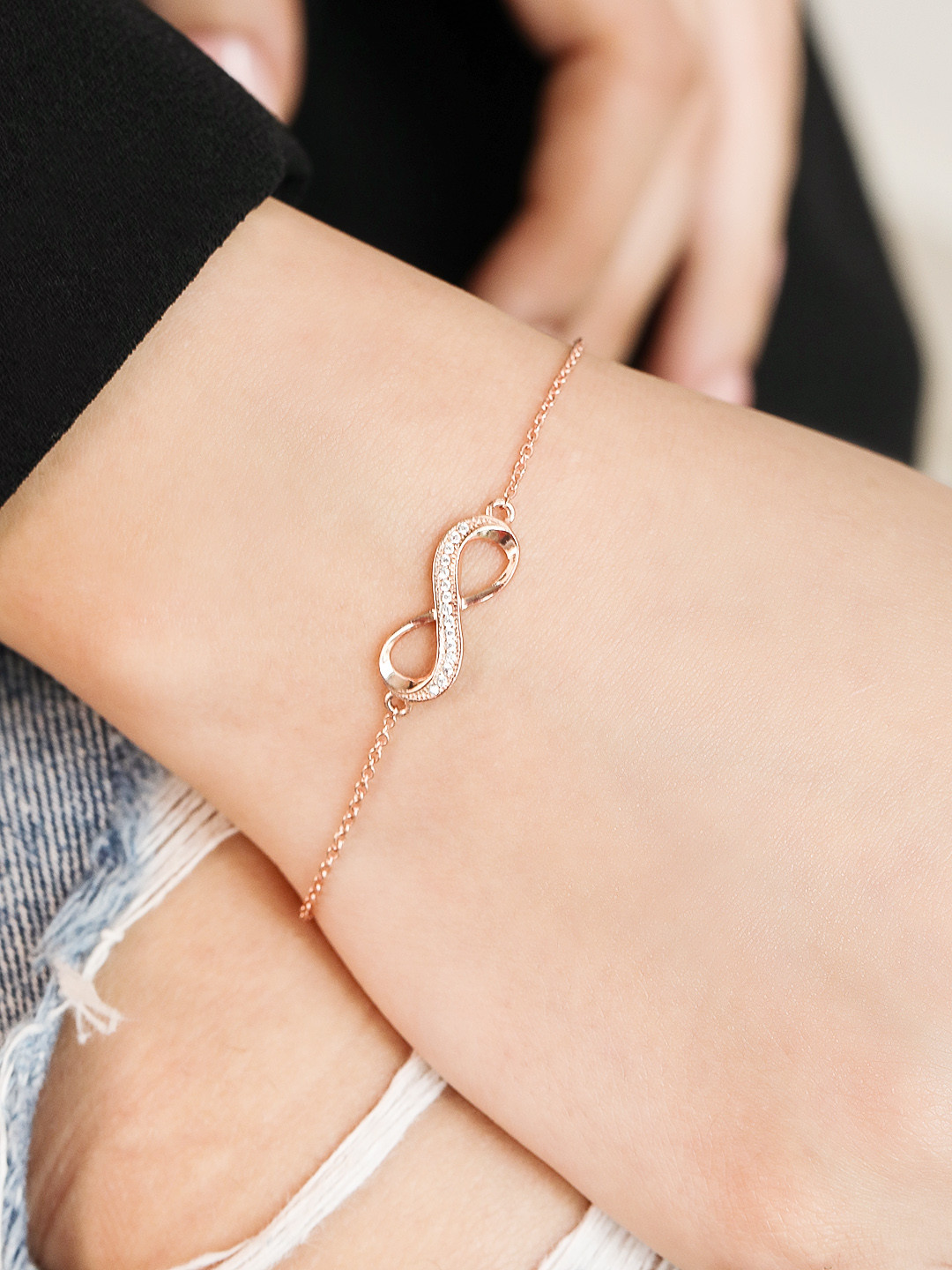 Zavya Women Infinity 925 Sterling Silver Cubic Zirconia Rose Gold-Plated Link Bracelet