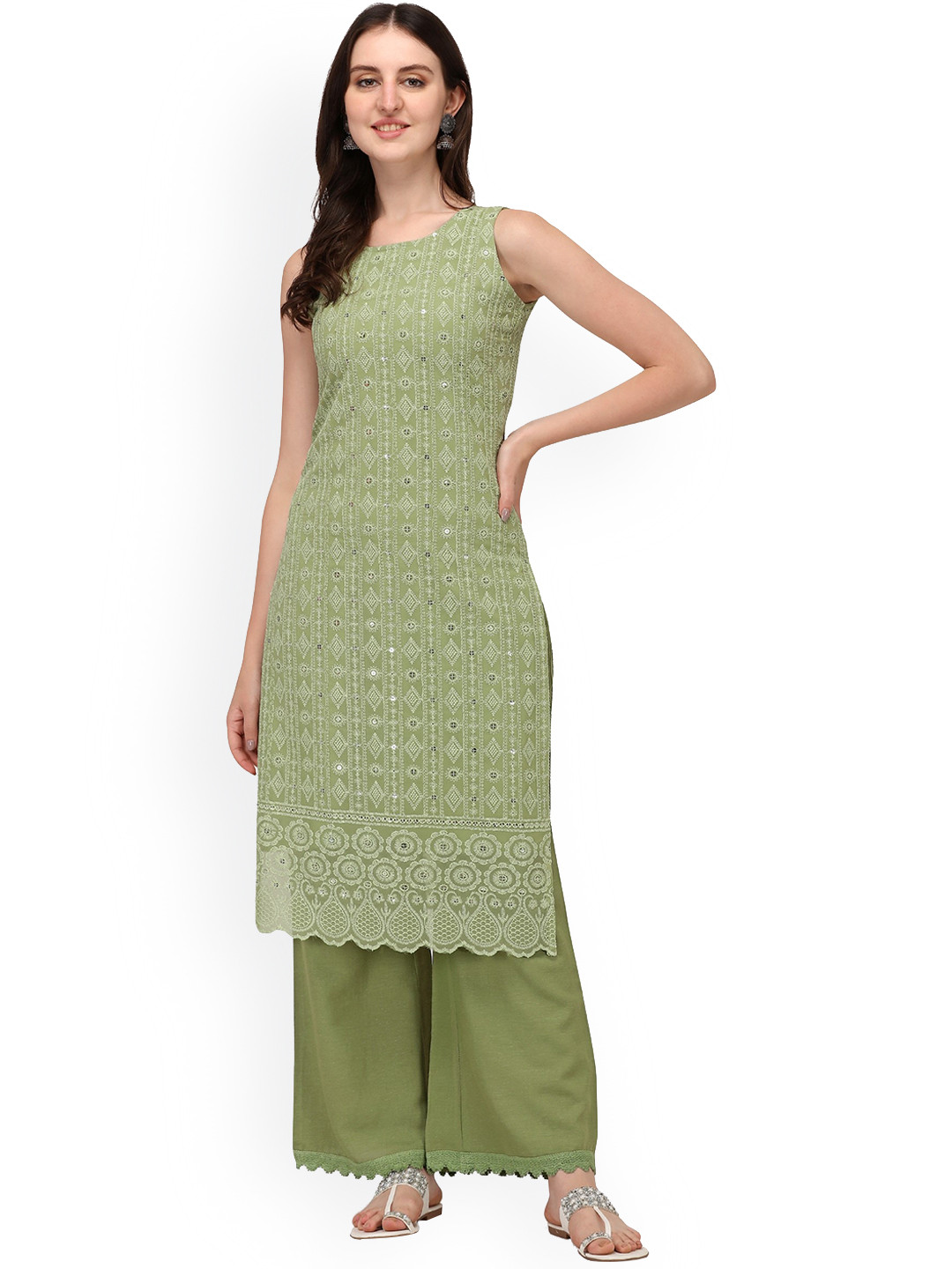 Shopping Queen Women Green Printed Kurti with Sharara