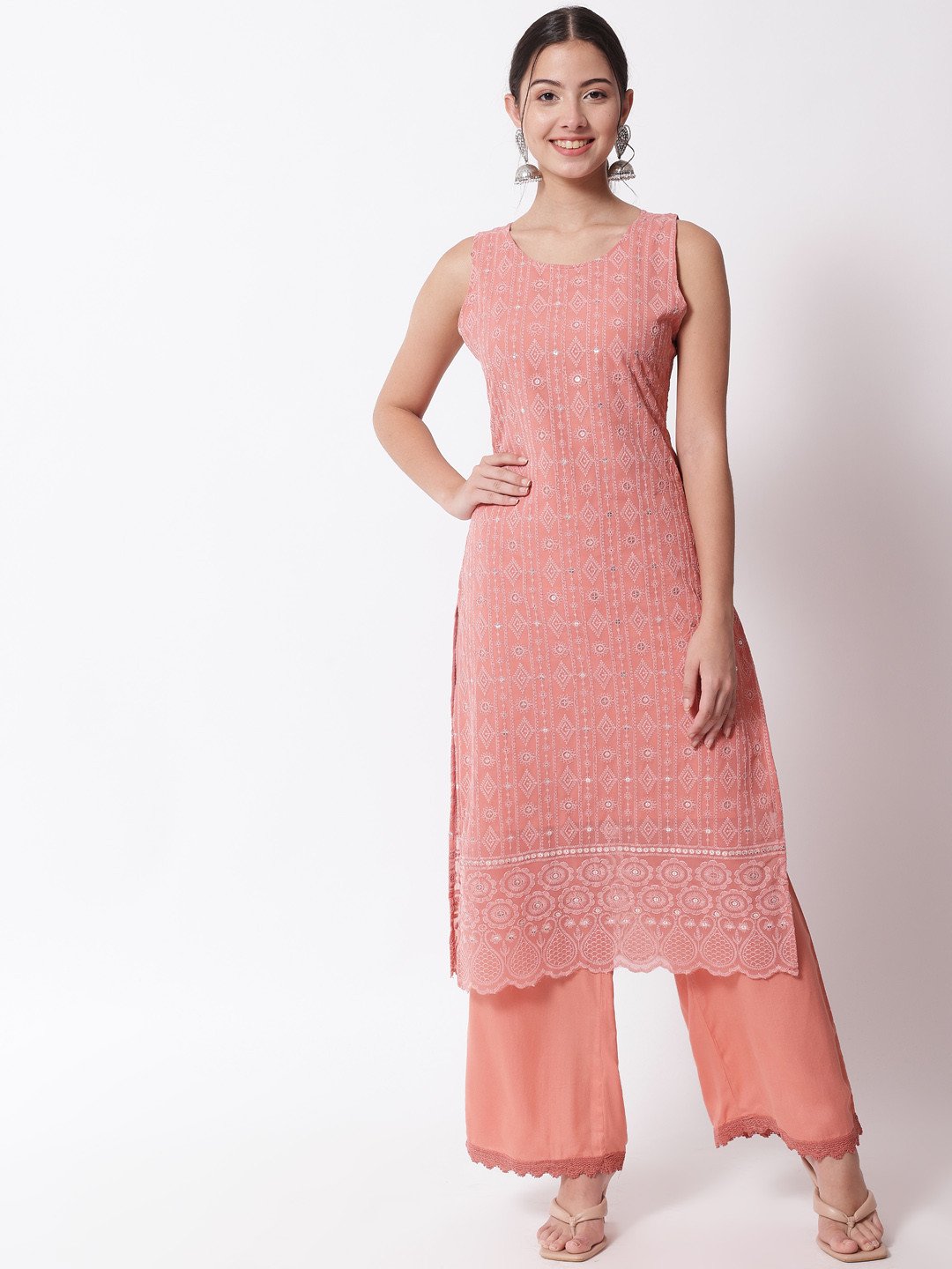 Shopping Queen Women Orange Printed Kurti with Palazzos