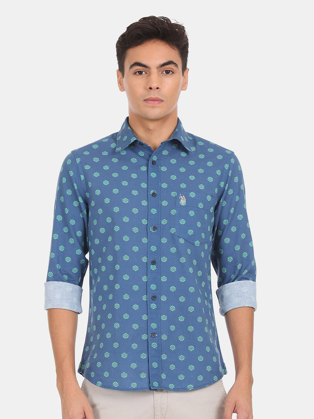 U S Polo Assn Men Blue Floral Printed Casual Shirt