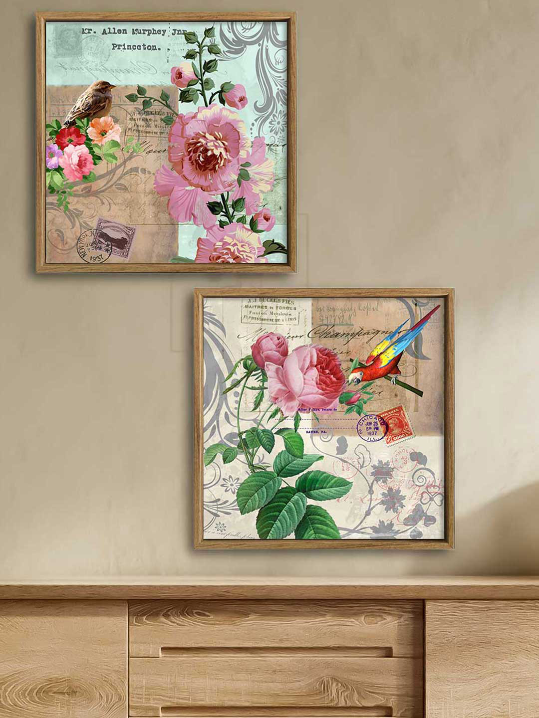 Art Street Multi Set Of 2 Floral Bird Canvas Painting Wall Art