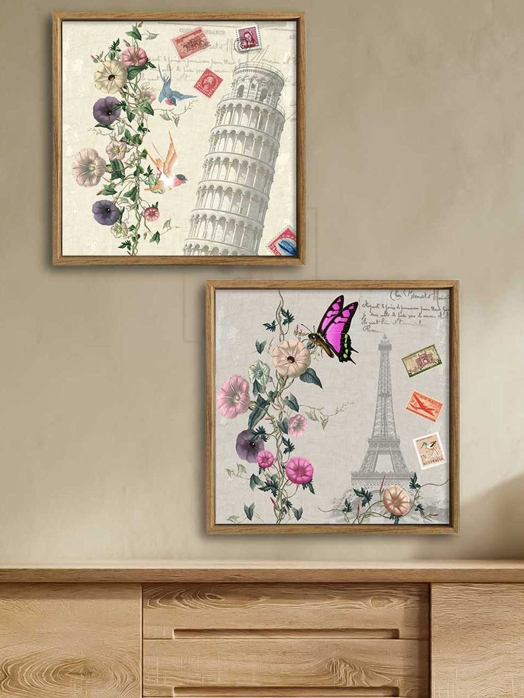 Art Street Set Of 2 Multi-Coloured Buttrerfly Paris Italy Canvas Painting Wall Art