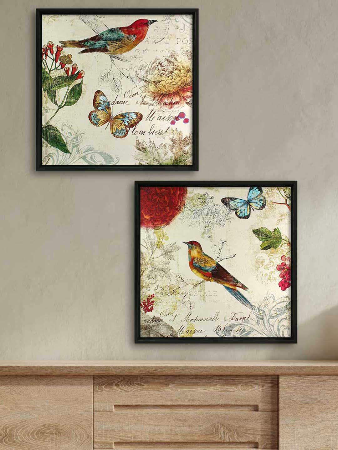 Art Street Bird & Butterfly Canvas 2 Pcs Wall Square Paintings Wall Art - 13x13In