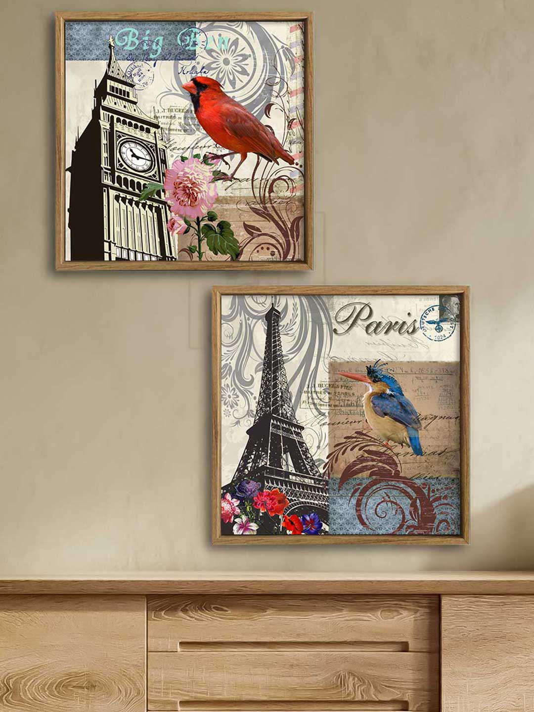 Art Street 2 Piece Multi Colored Bird & Paris Canvas Painting Wall Art