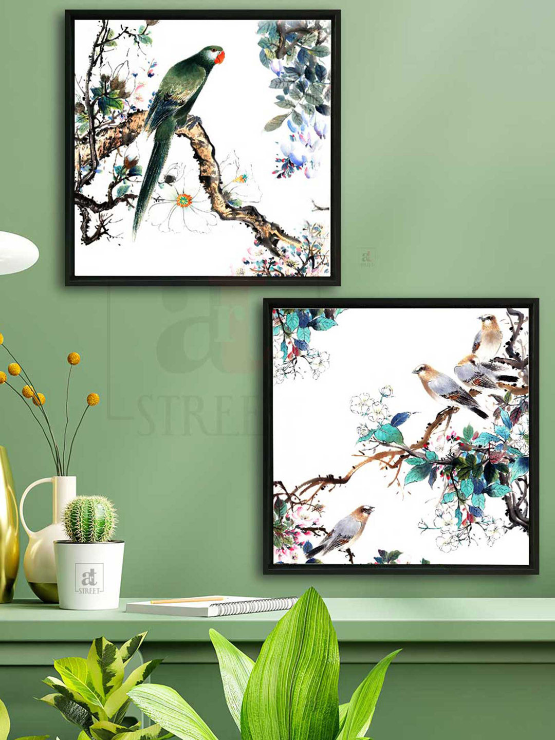 Art Street 2 Piece Birds On The Branch Square Portrait Paintings Wall Art -13x13In