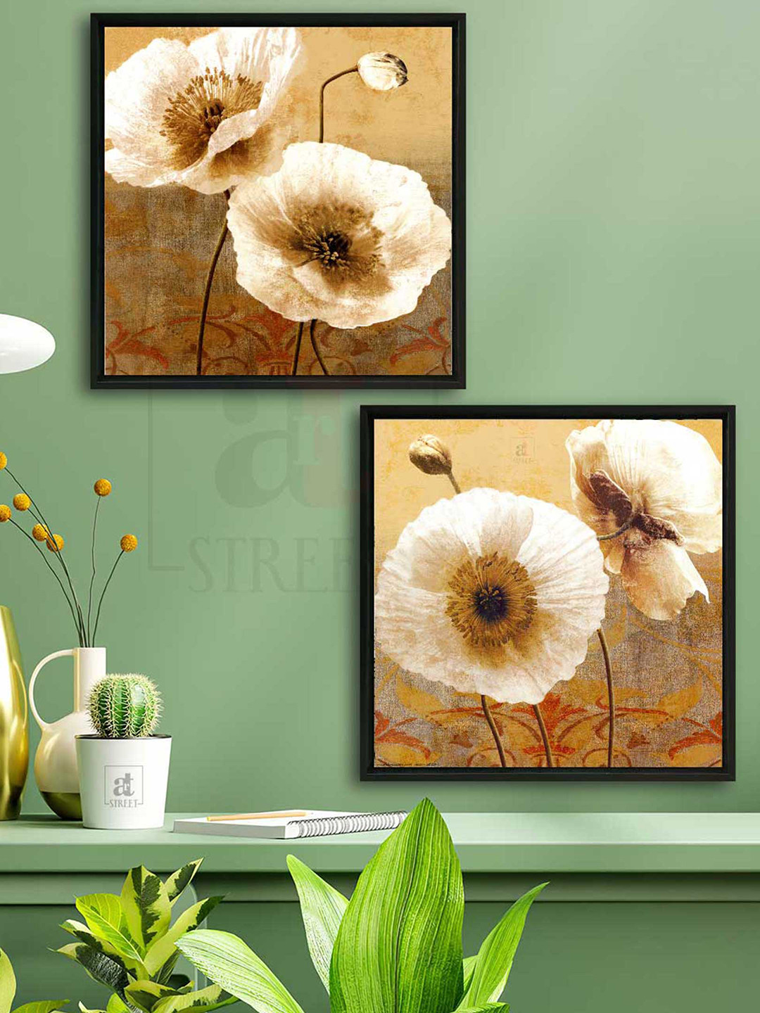 Art Street Set of 2 White Poppy Flowers Canvas Painting