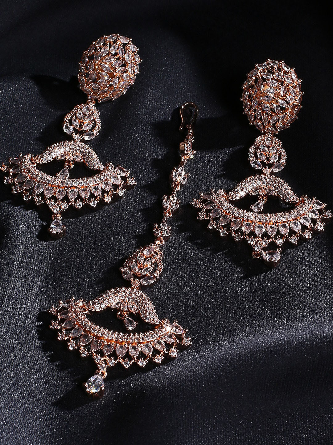 justpeachy Women Rose Gold AD Earrings and Maangtikka Set
