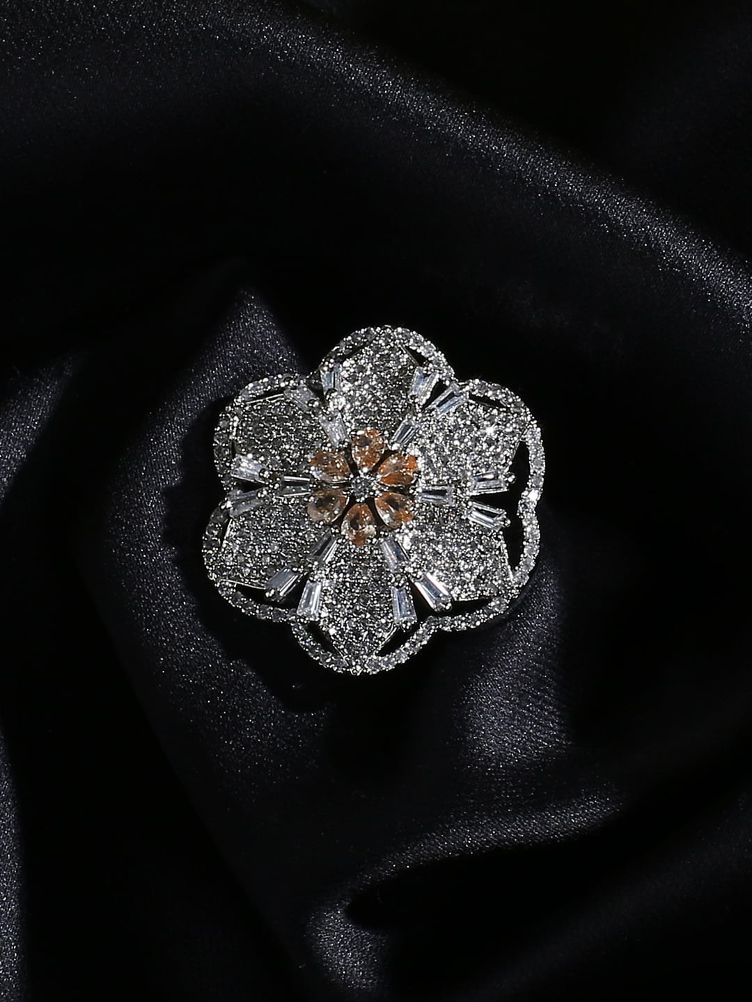 justpeachy Silver-Plated Champagne AD-Studded Flower Ring