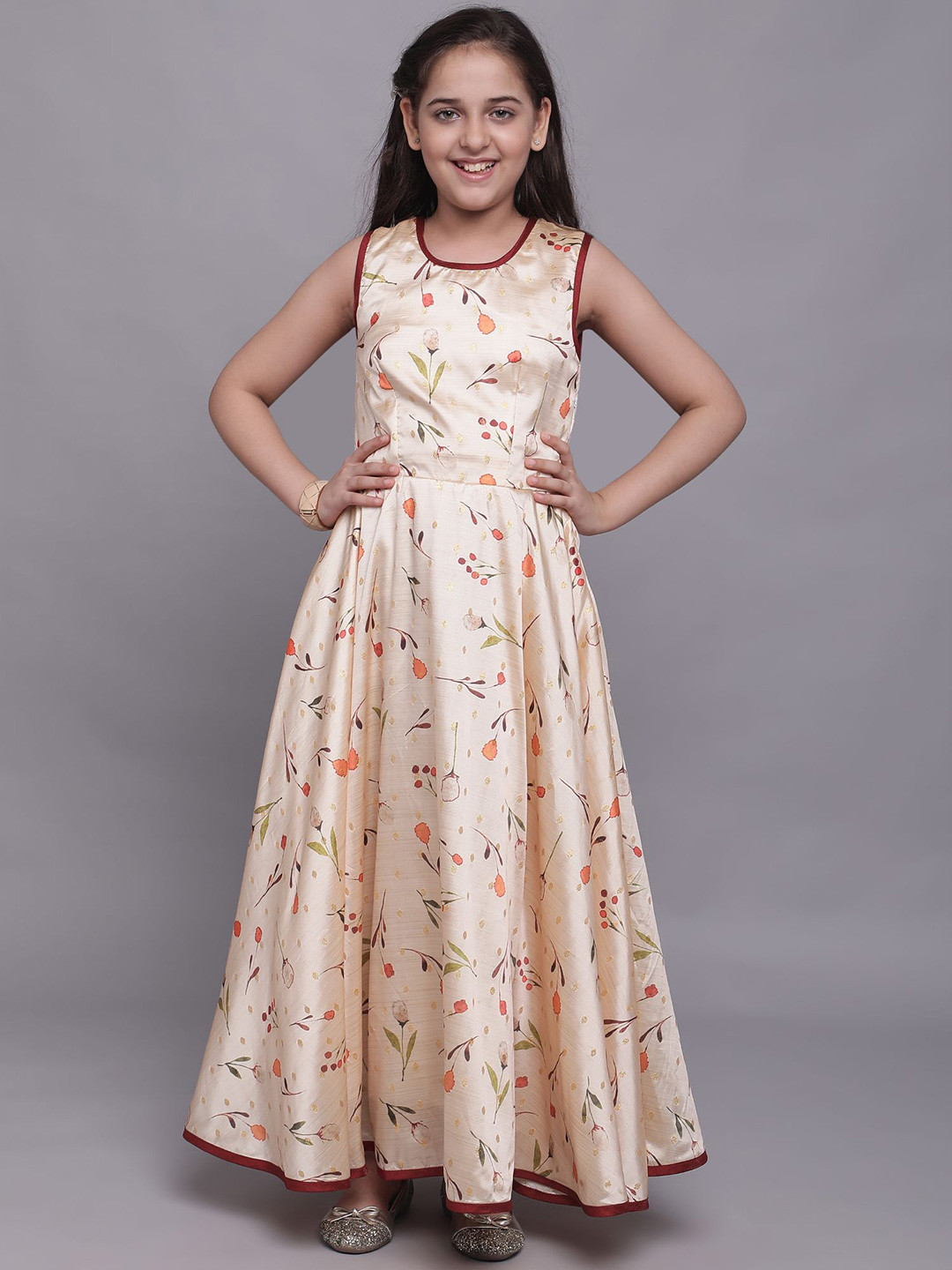 White World Cream-Coloured Floral Jacquard Ethnic Maxi Dress