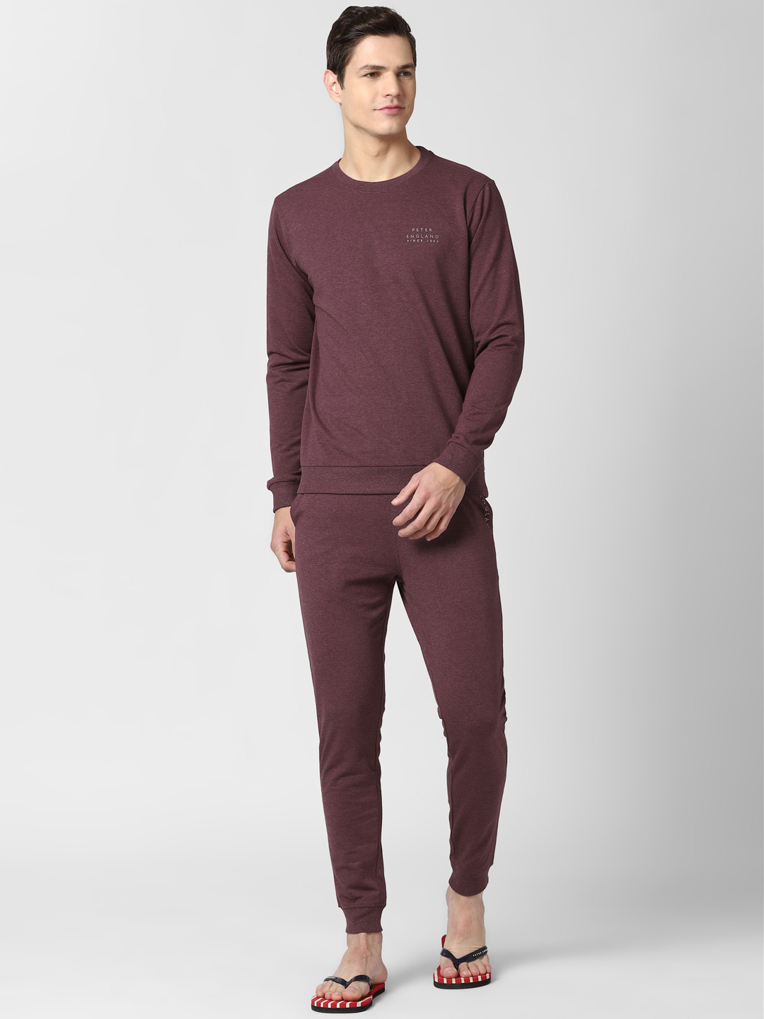 Peter England Men Burgundy Solid Night Suit