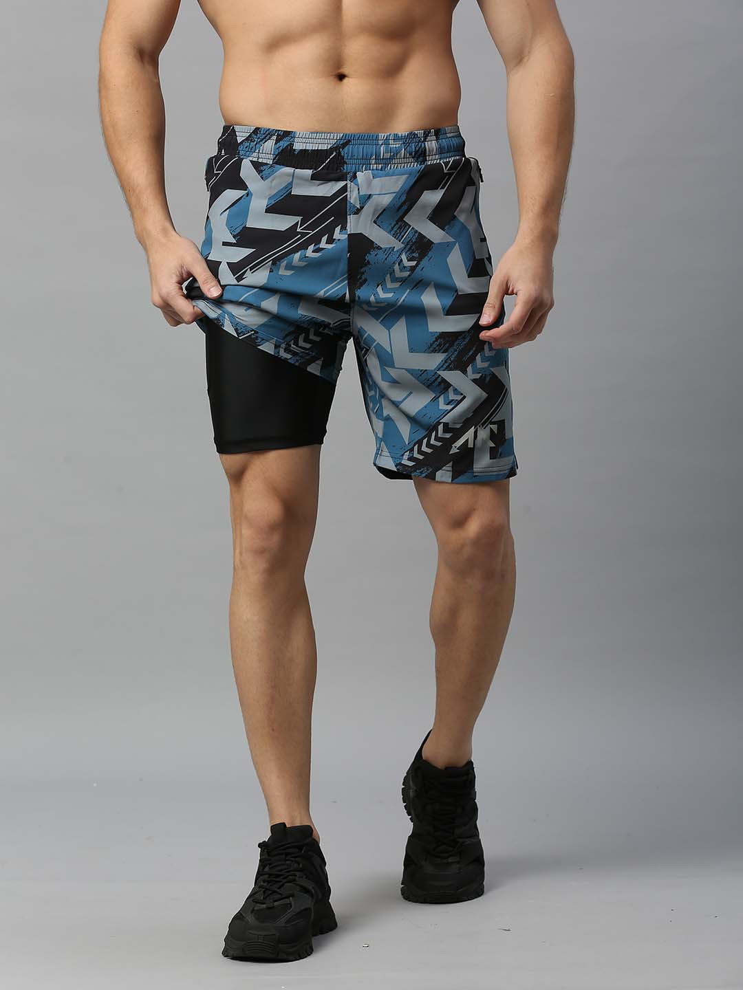 AESTHETIC NATION Men Blue Printed Slim Fit Training or Gym Sports Shorts