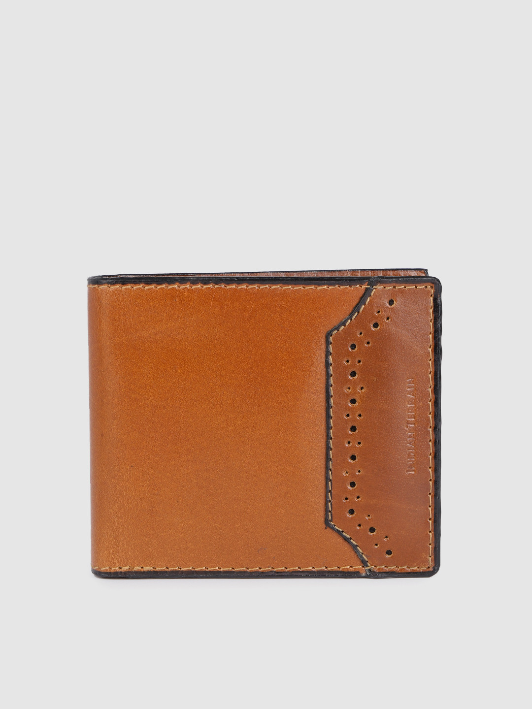 Indian Terrain Men Tan Brown Cut Work Leather Two Fold Wallet