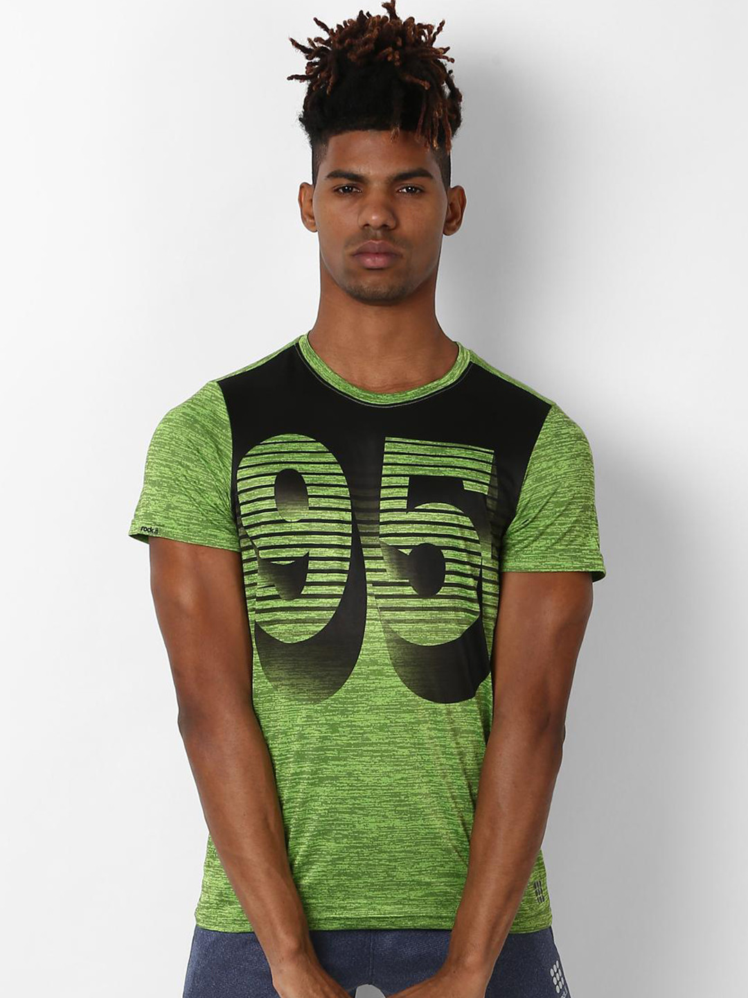 rock it Men Green Varsity Striped V-Neck Applique Slim Fit Training or Gym T-shirt