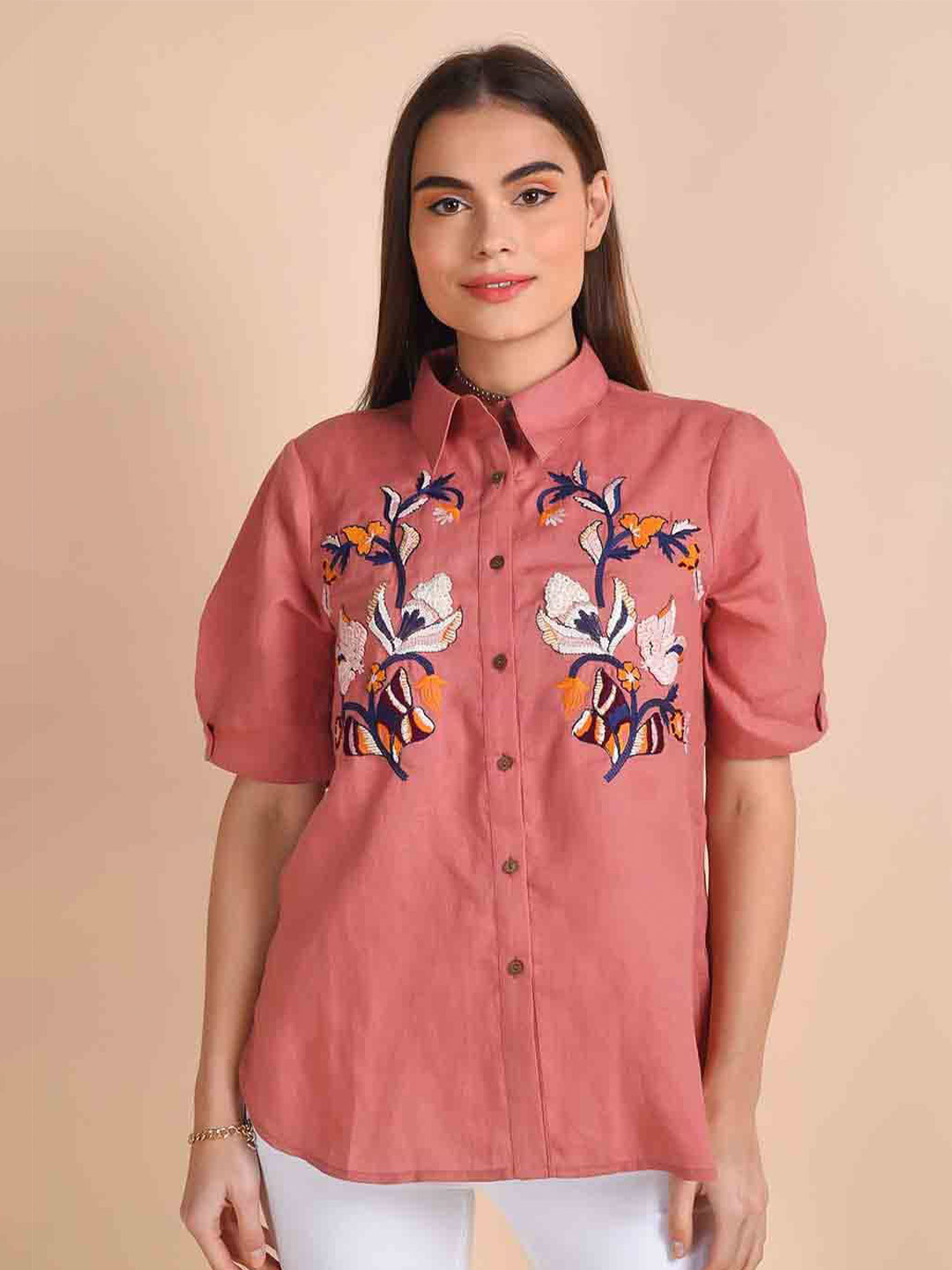 HOUSE OF S Women Peach-Coloured Standard Floral Casual Shirt