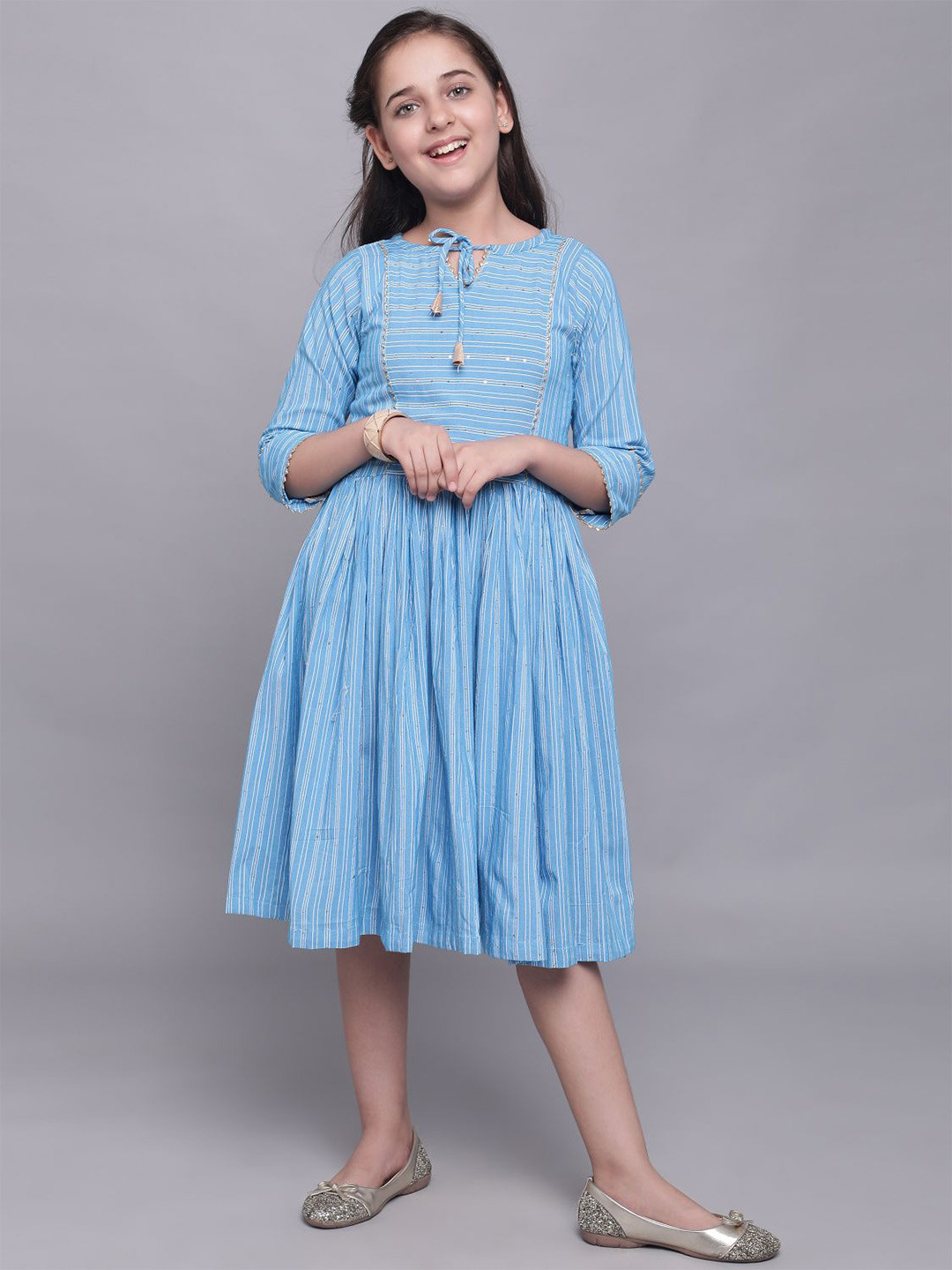 White World Blue Striped Applique Midi Dress