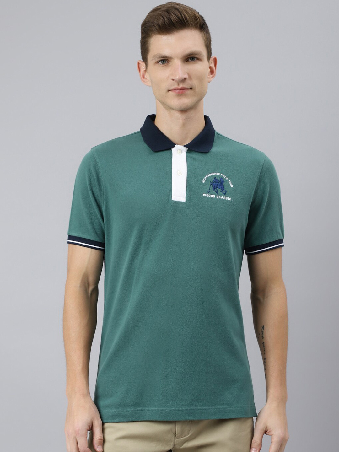 Woodland Men Green Polo Collar Applique T-shirt