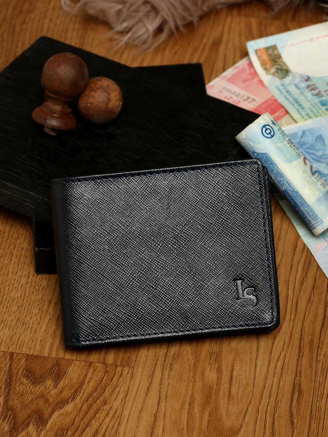 LOUIS STITCH Men Saffiano Leather Blue Bifold Slim Wallet with RFID Protection