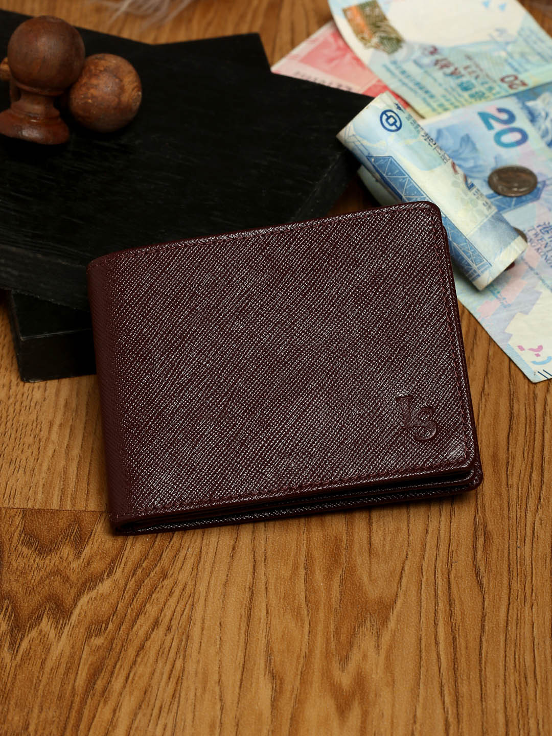 LOUIS STITCH Saffiano Leather Men's Maroon Bi-fold Slim Wallet with RFID Protection