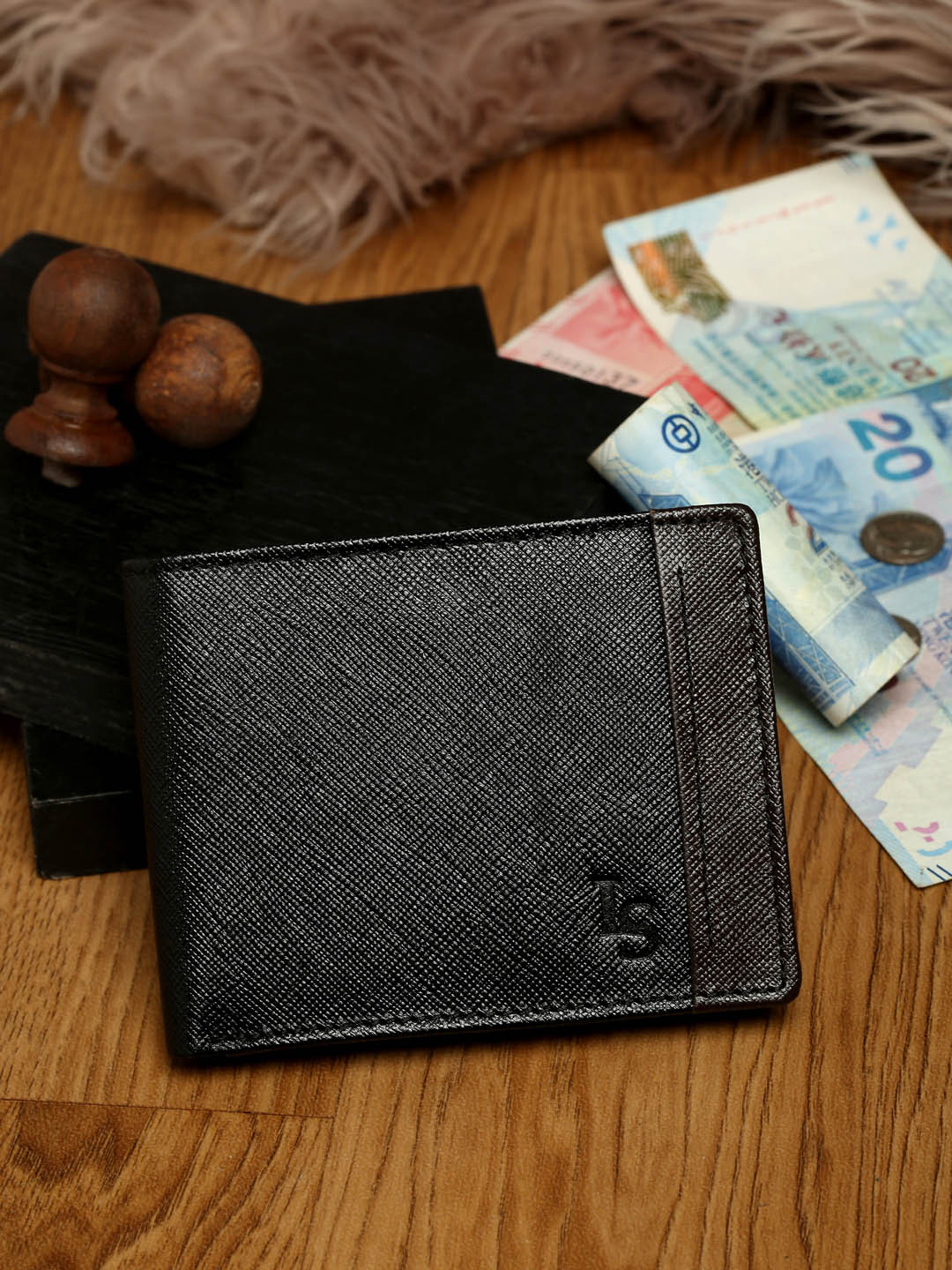 LOUIS STITCH Black Saffiano Leather Two Fold Slim Wallet Purse for Men