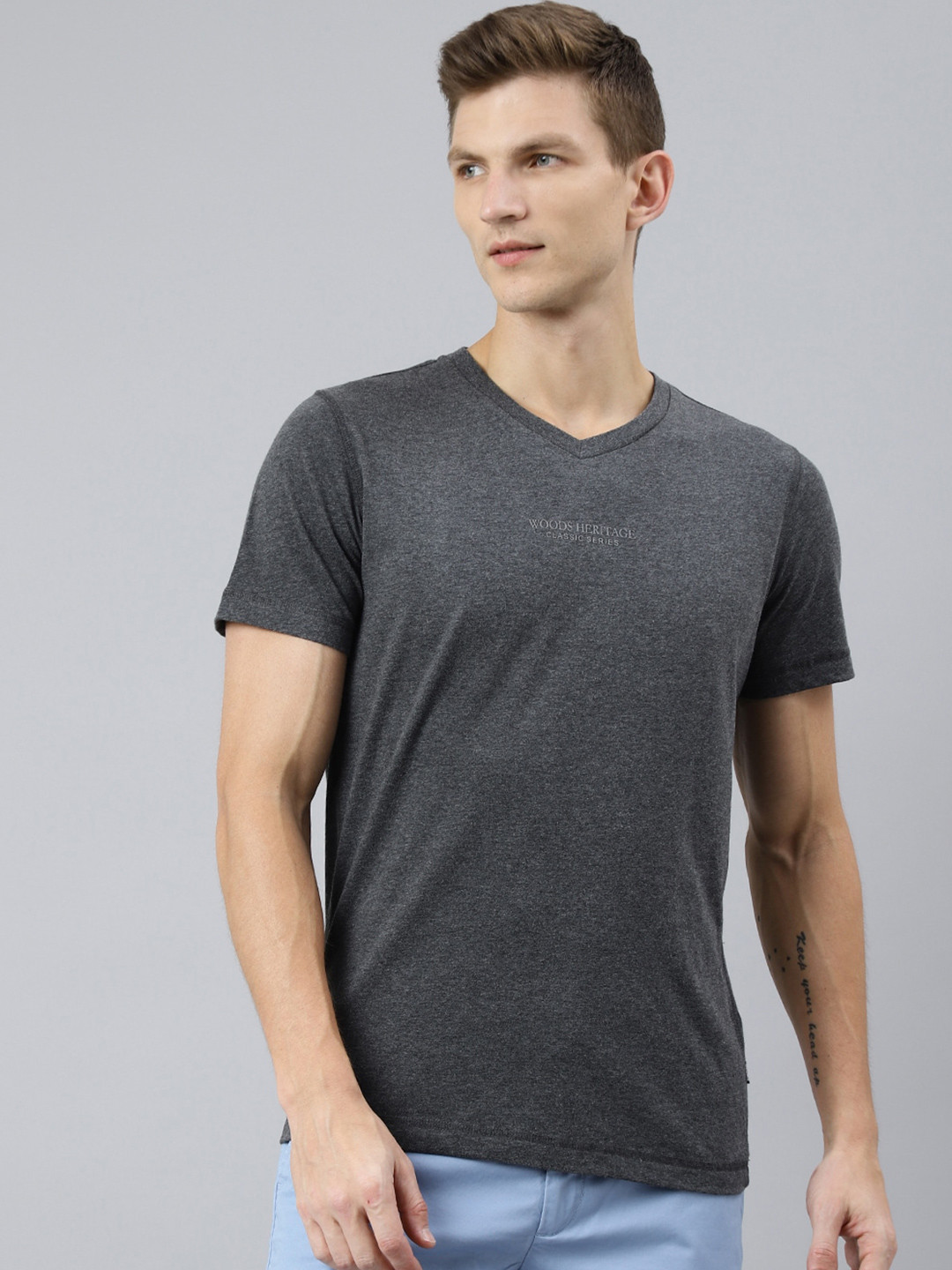 Woods Men Grey V-Neck Raw Edge T-shirt