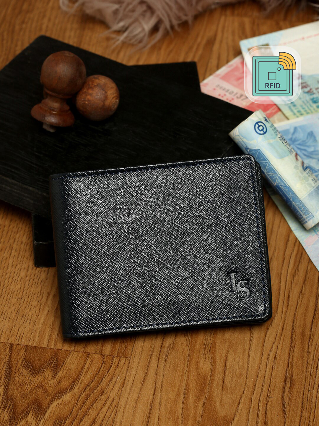 Louis Stitch Saffiano Leather Men's Blue Bi-fold Slim Wallet with RFID Protection