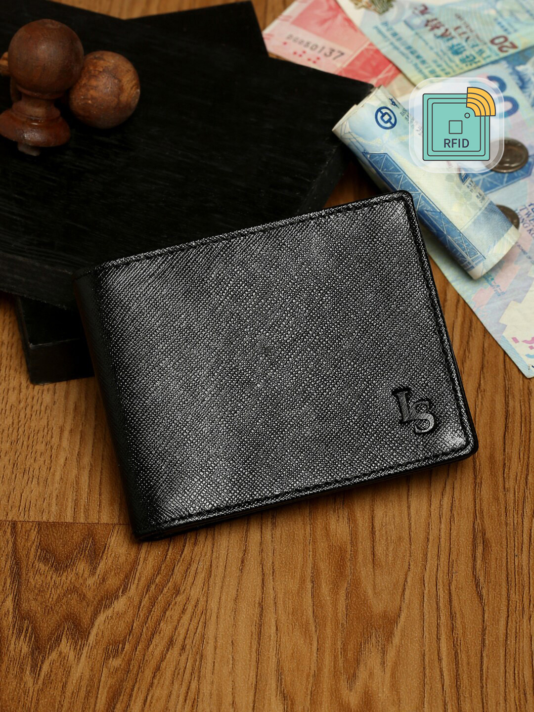 Louis Stitch Saffiano Leather Men's Black Bi-fold Slim Wallet with RFID Protection
