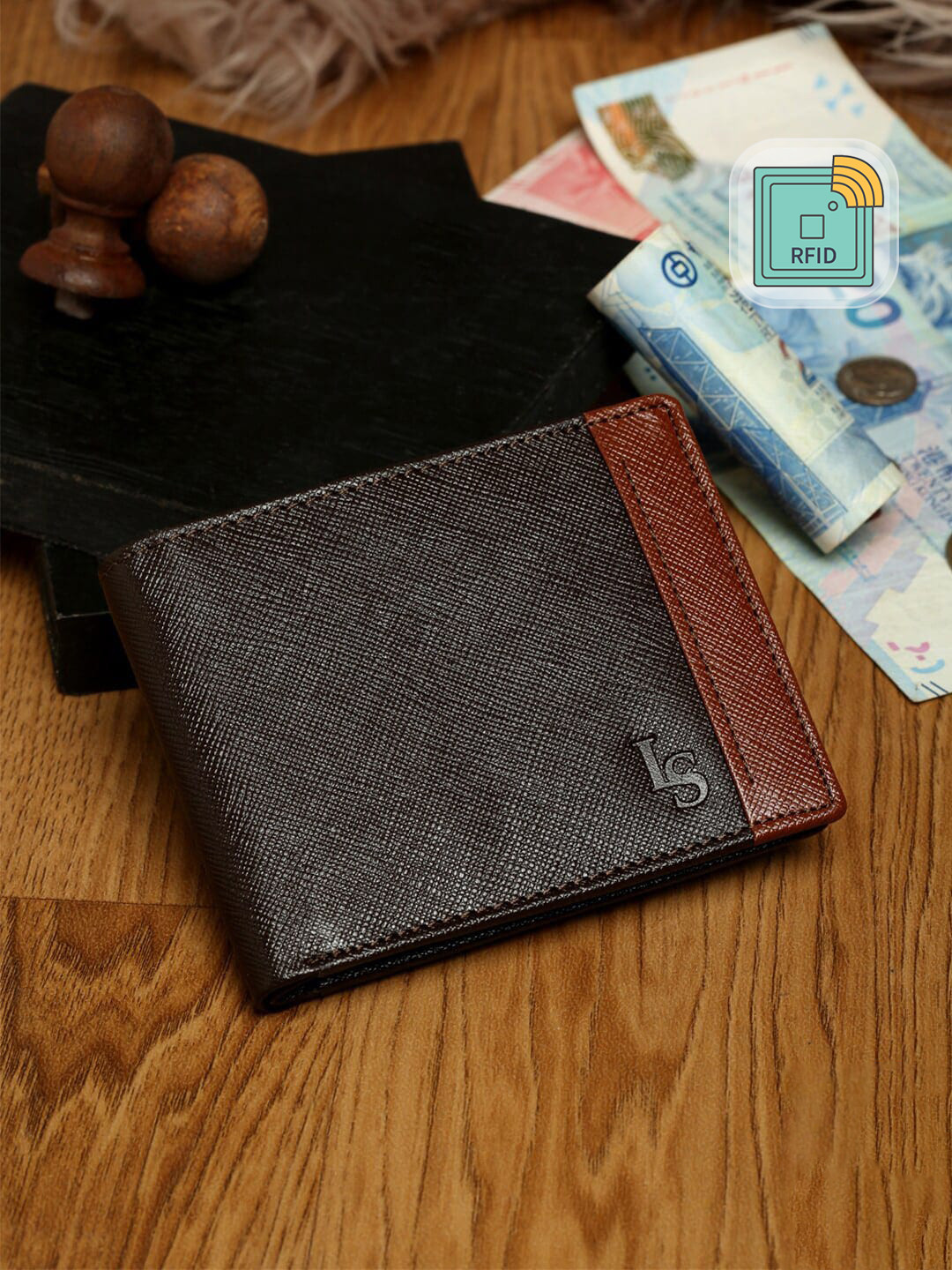 Louis Stitch Brown Saffiano Leather Two Fold Slim Wallet Purse for Men