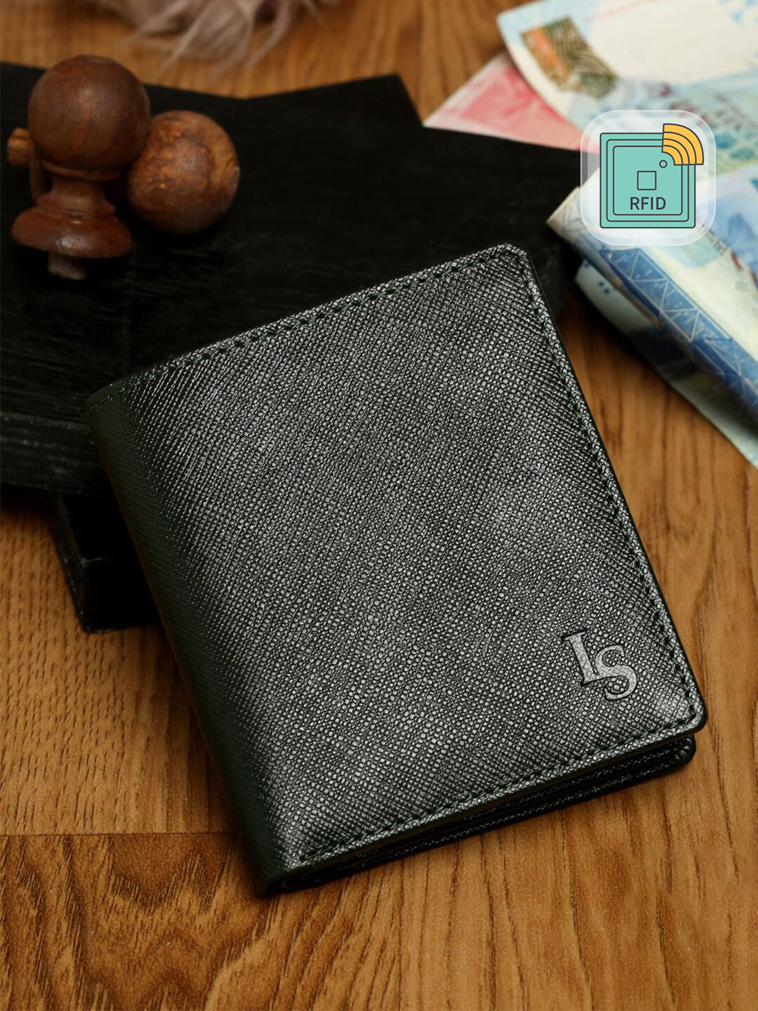 LOUIS STITCH Men Saffiano Leather Green Bifold Wallet