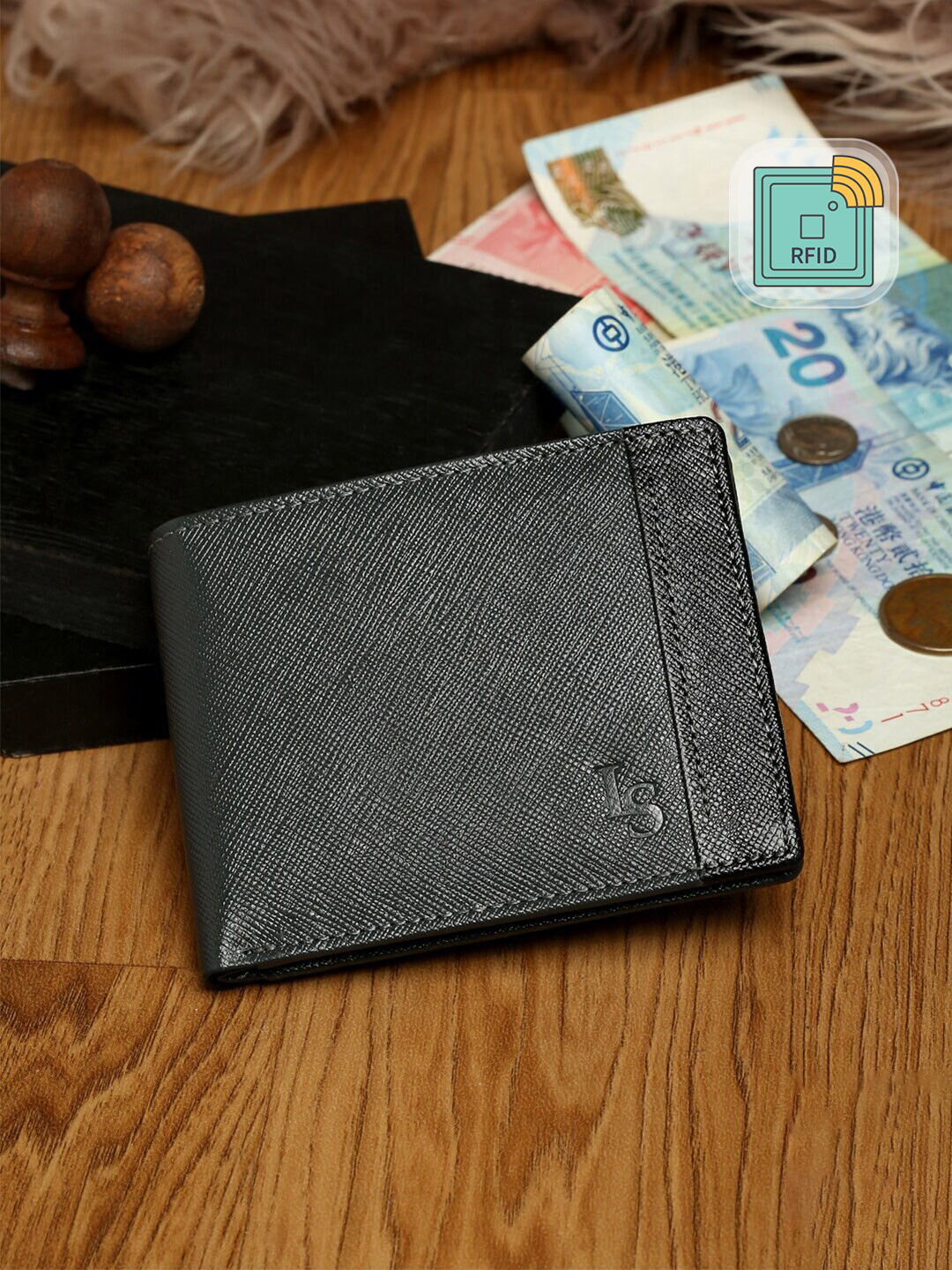 Louis Stitch Grey Saffiano Leather Two Fold Slim Wallet Purse for Men