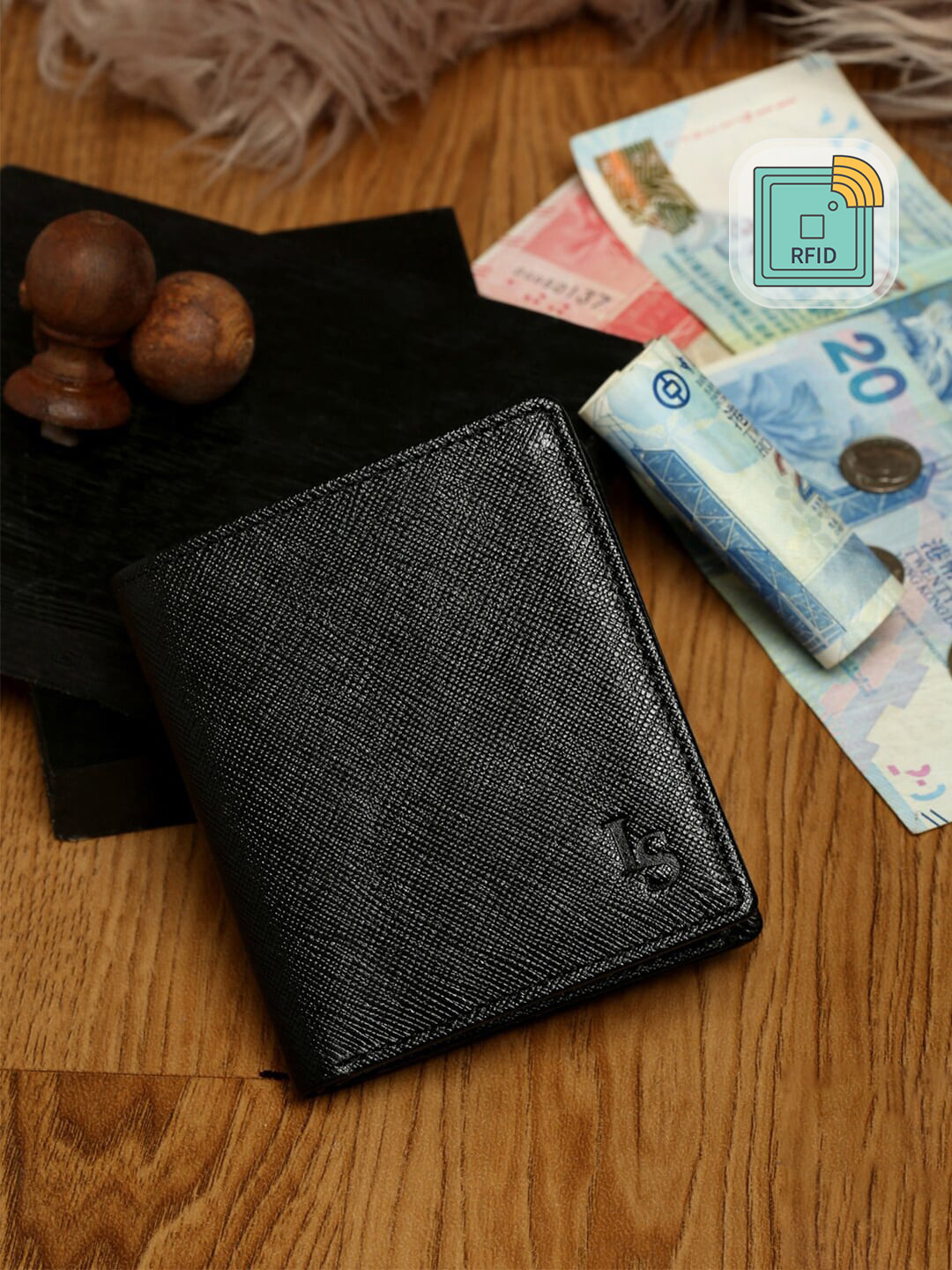 Louis Stitch Saffiano Leather Black Bifold Wallet for Men