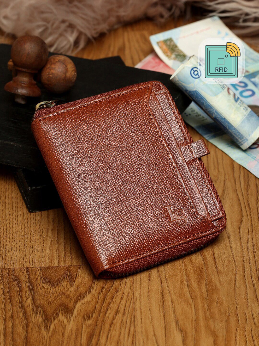LOUIS STITCH Men Tan Saffiano Leather Two fold Zipper Wallet Purse