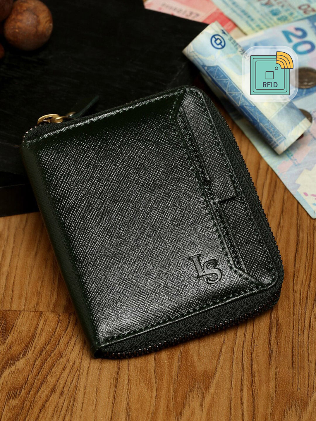 Louis Stitch Green Saffiano Leather Two Fold Men's Zipper Wallet Purse