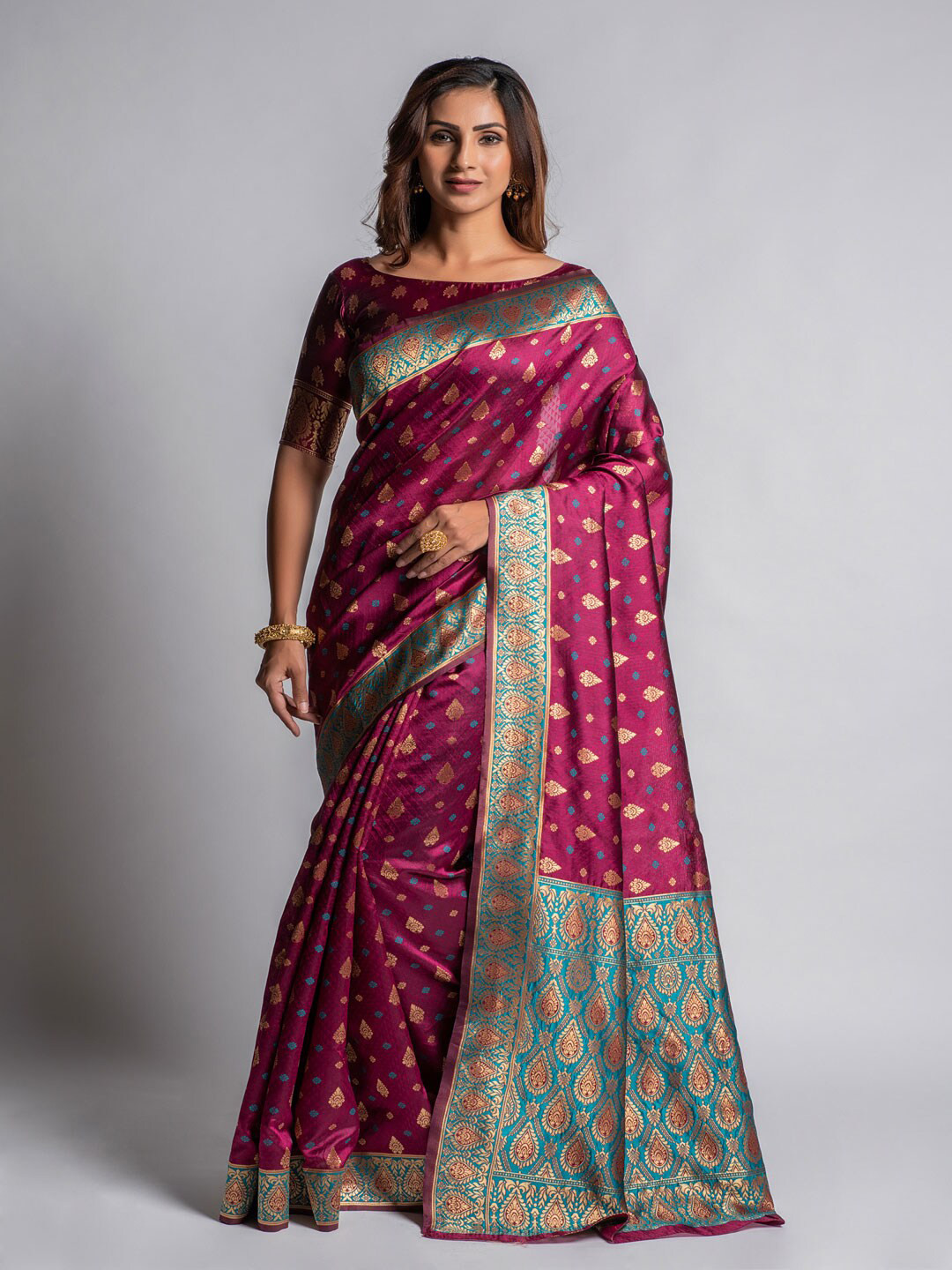 Lilots Burgundy & Blue Ethnic Motifs Woven Design Kota Saree