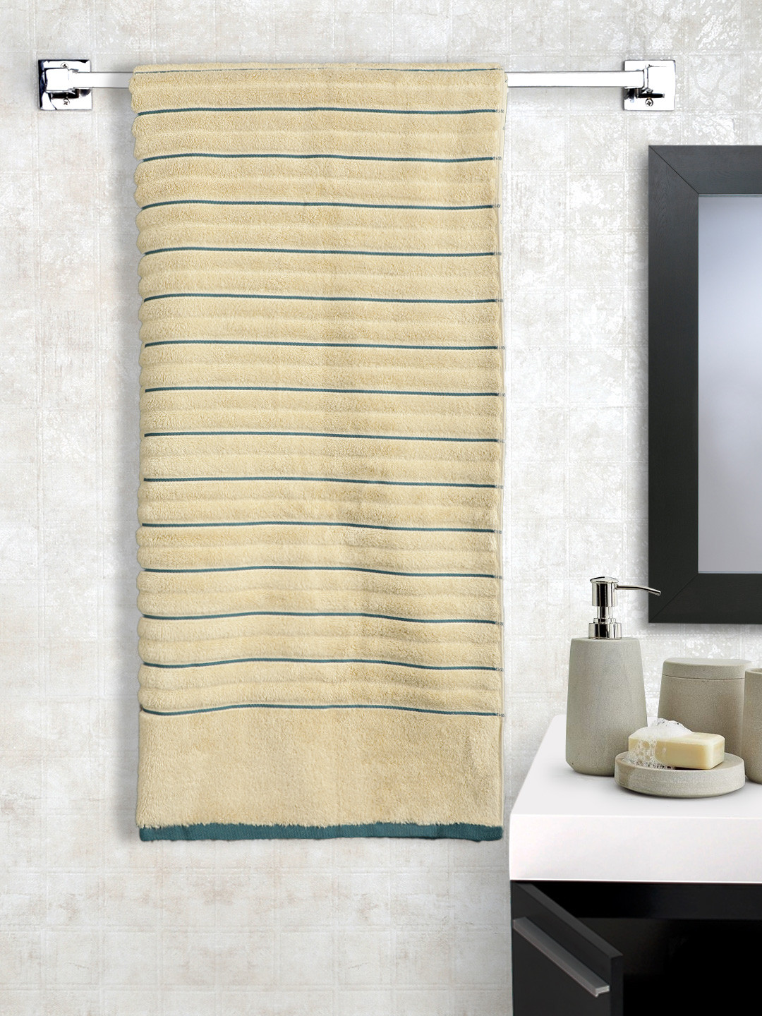SPACES Beige Striped Cotton 580 GSM Bath Towel