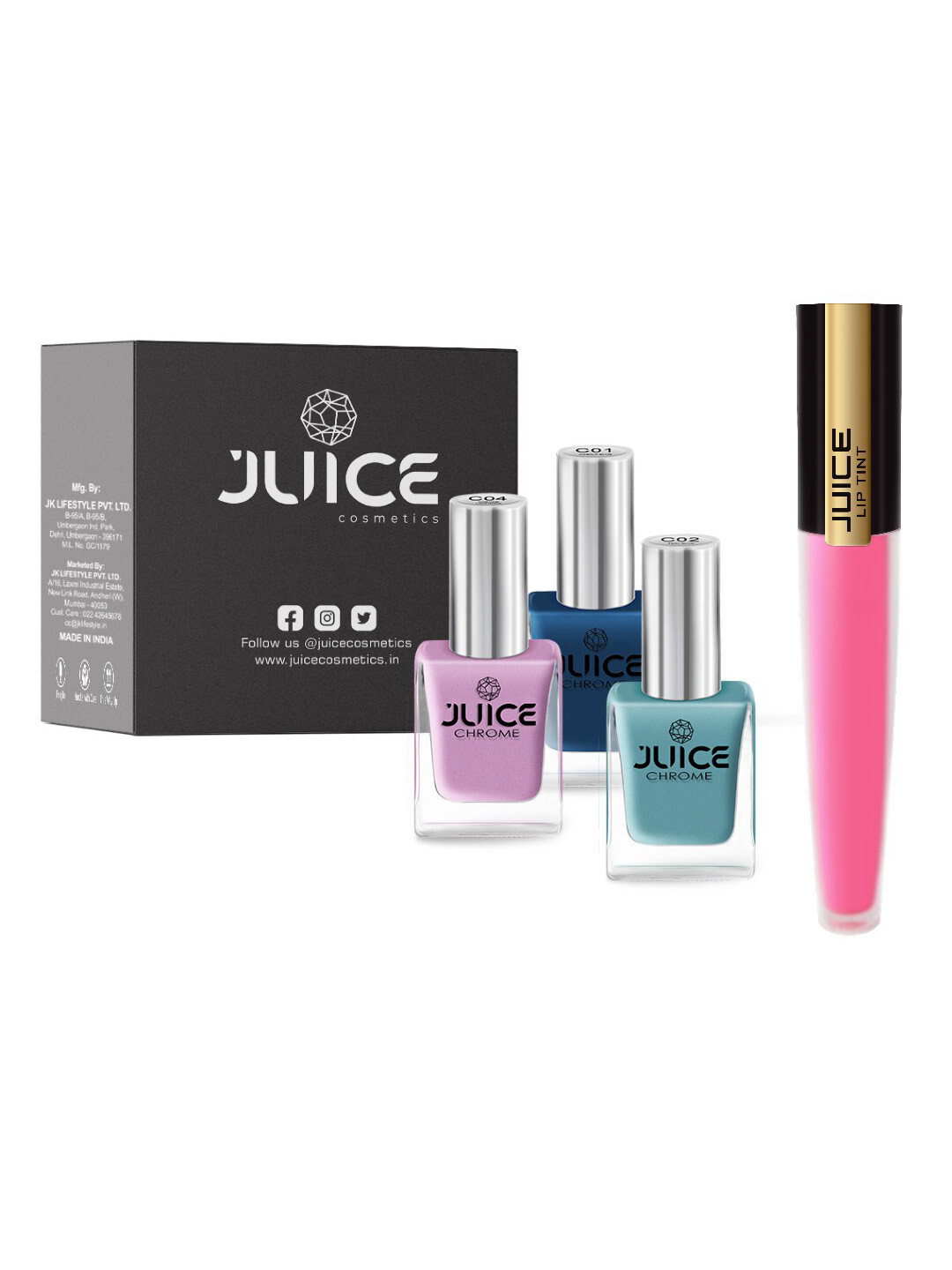 JUICE Set of 3 One Coat Nail Polishes with 1 Liptint - Fuchsia Fantasy M04