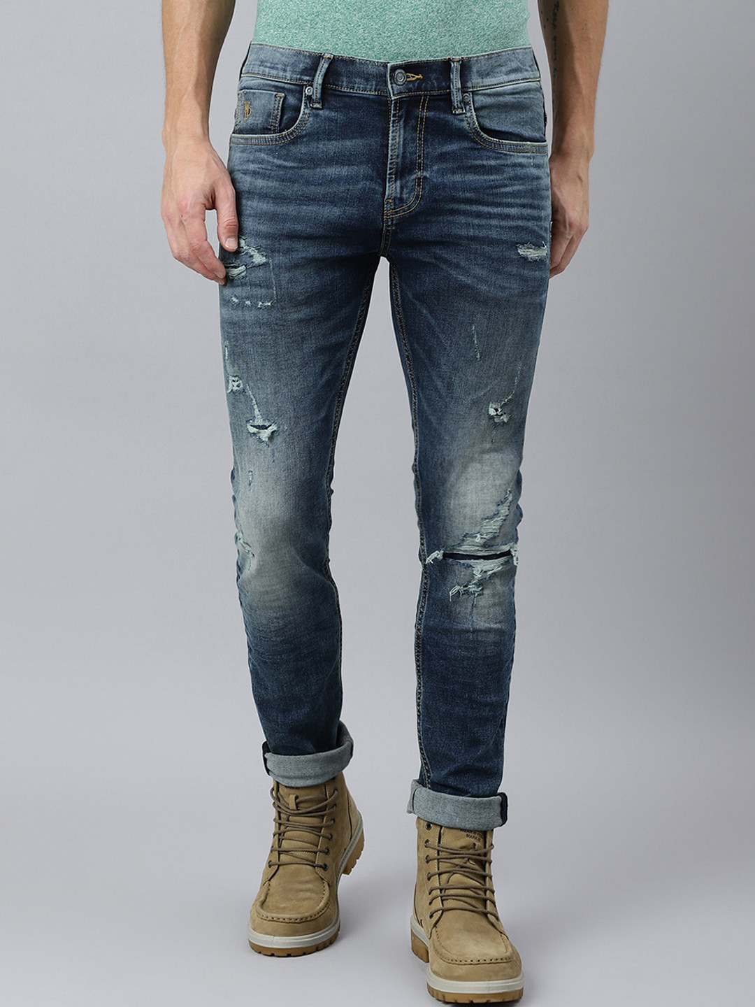 Woodland Men Blue Mildly Distressed Light Fade Stretchable Jeans