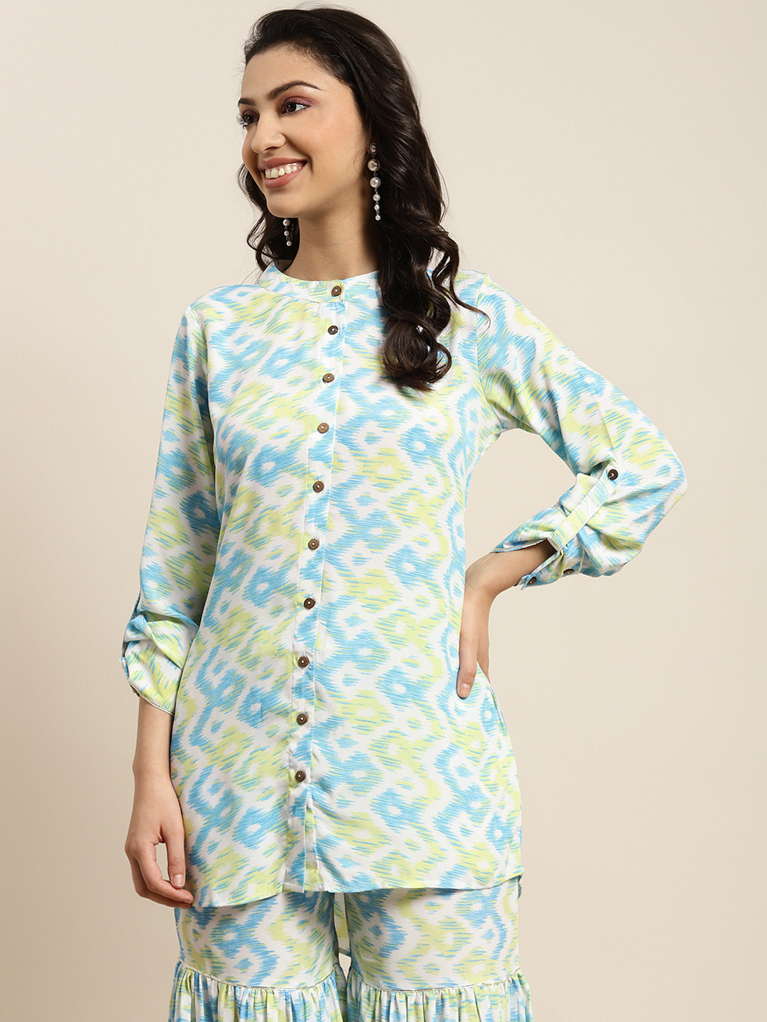 Shae by SASSAFRAS Women Blue & Green Ikat Print Mandarin Collar Roll-Up Sleeves Top