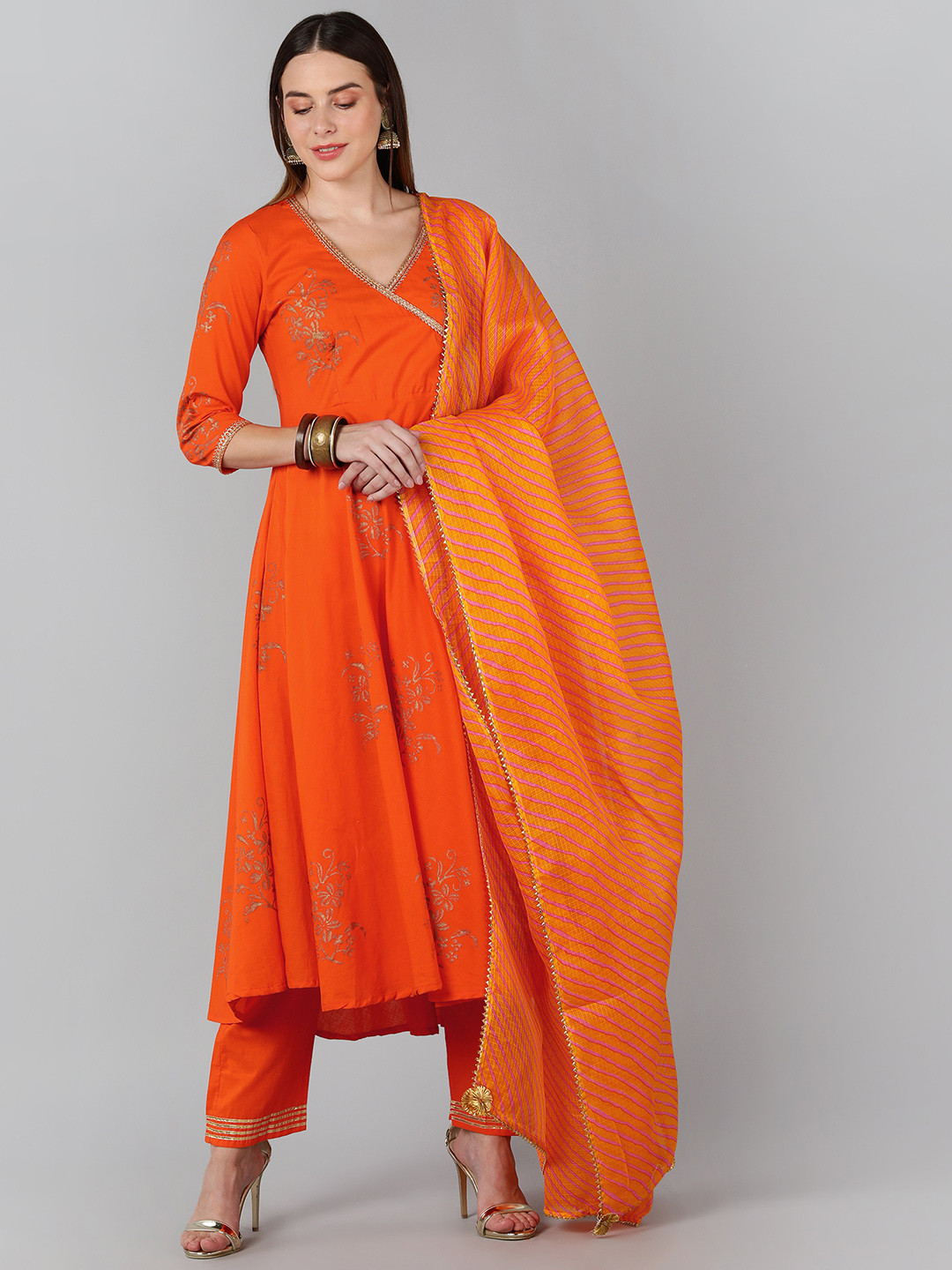 Indi INSIDE Women Orange Angrakha Gotta Patti Kurti with Trousers & With Dupatta