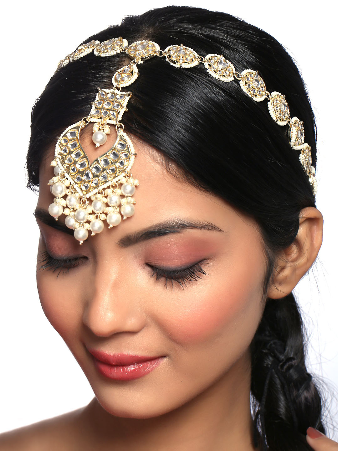 Yellow Chimes Gold-Plated White Kundan-Studded Chandbali Charm Matha Patti