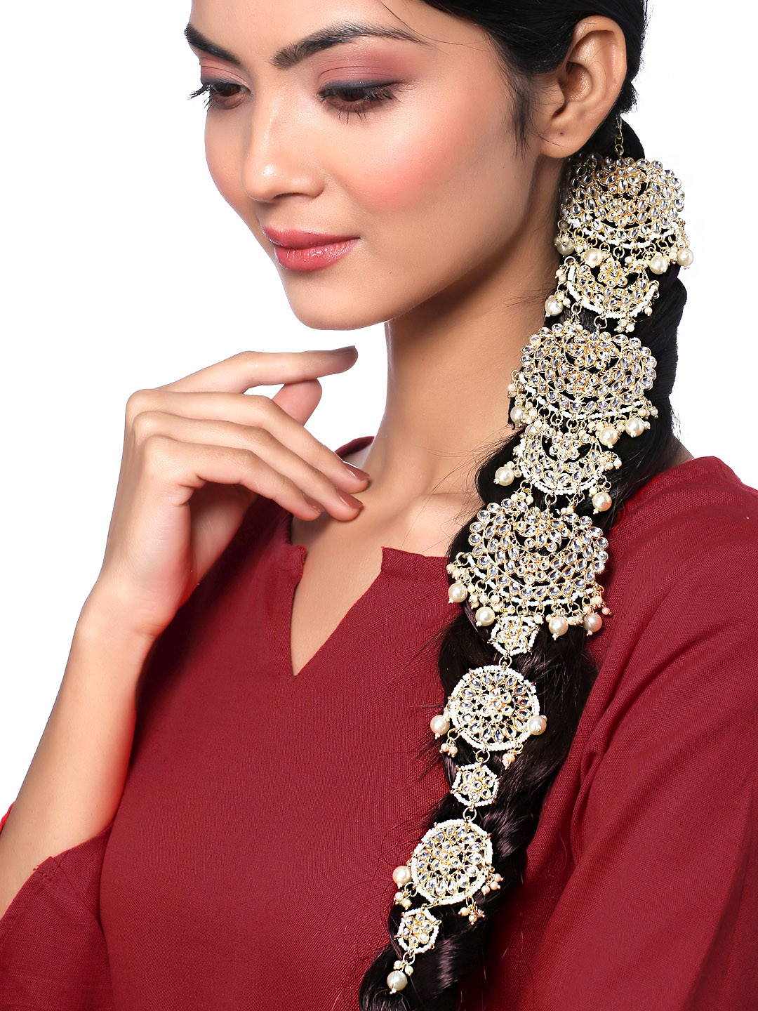Yellow Chimes Gold-Plated Kundan Studded Bridal Braid Vines Head Jewellery