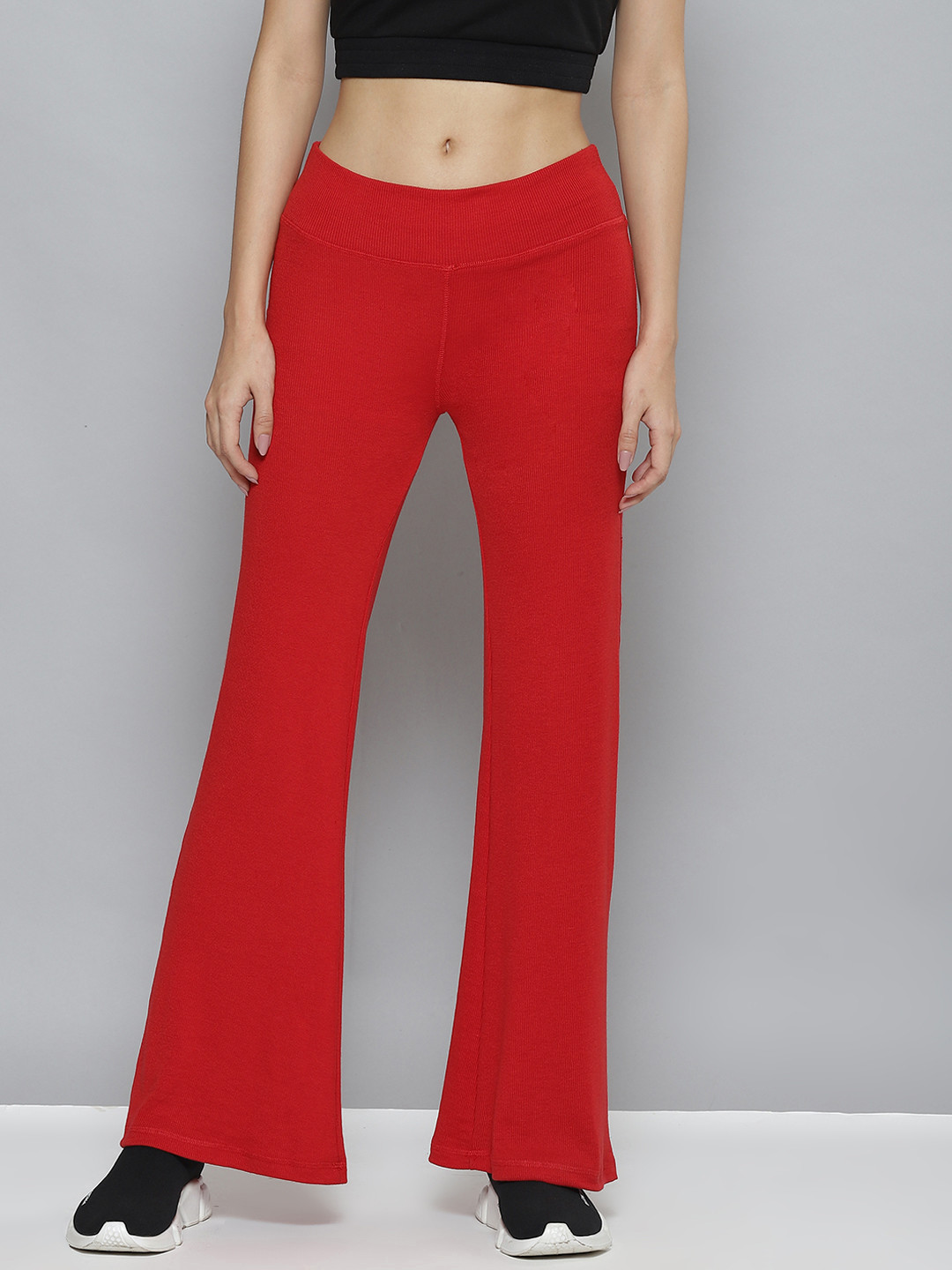 SASSAFRAS Women Red Ribbed Bootcut Track Pants