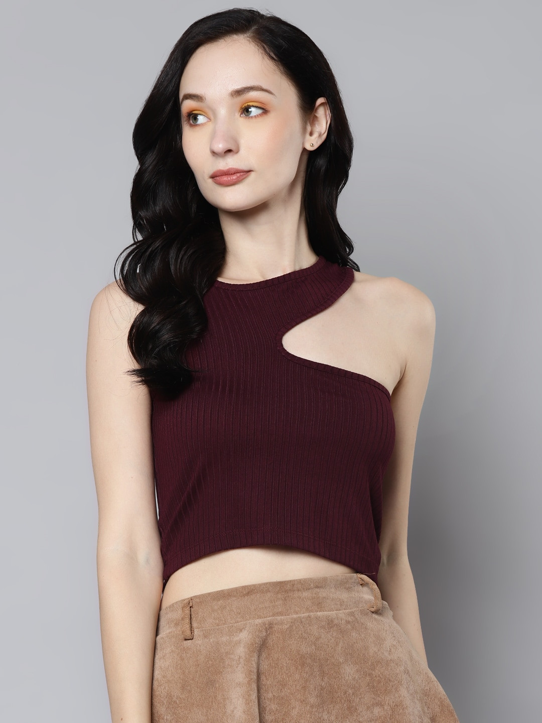 SASSAFRAS Burgundy Asymmetric Armhole Crop Top