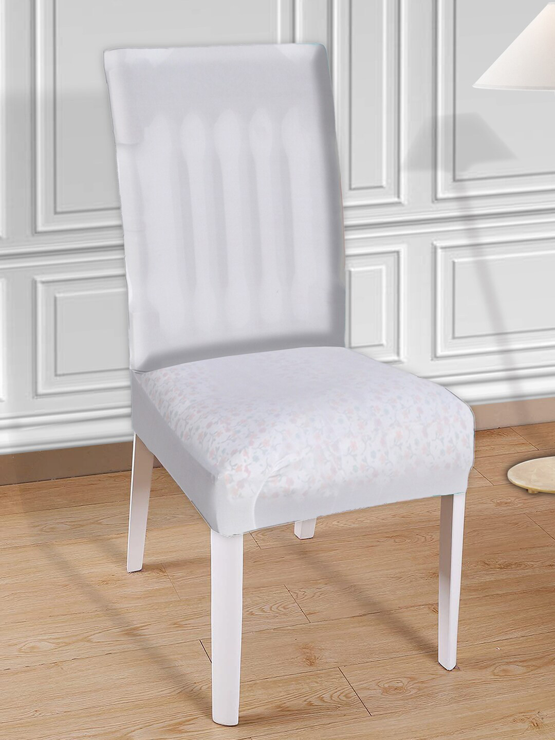 Kuber Industries Set of 4 White Printed Elastic Stretchable Polyester Chair Cover
