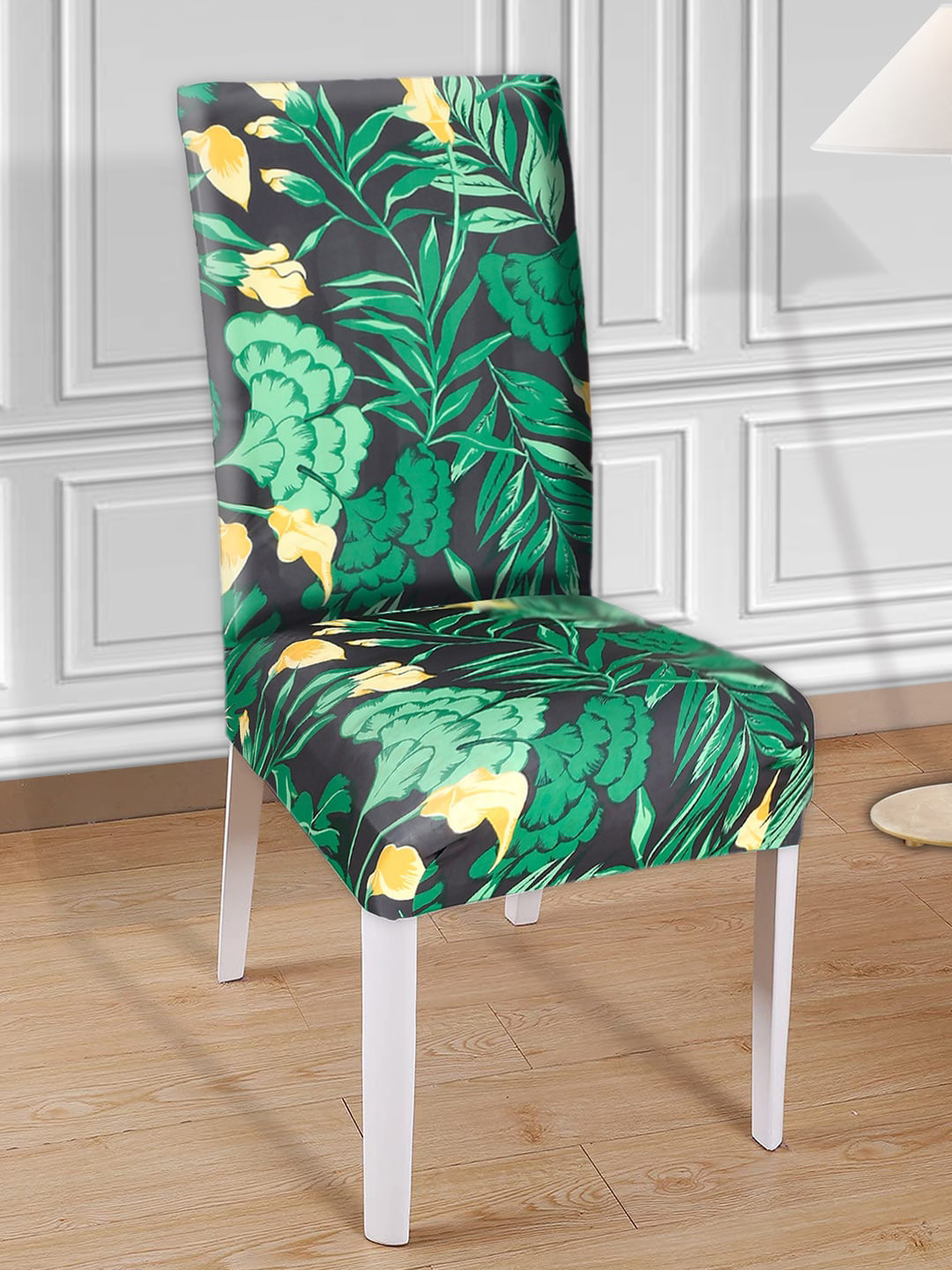Kuber Industries Green & Black Flower Printed Elastic Stretchable Polyester Chair Cover