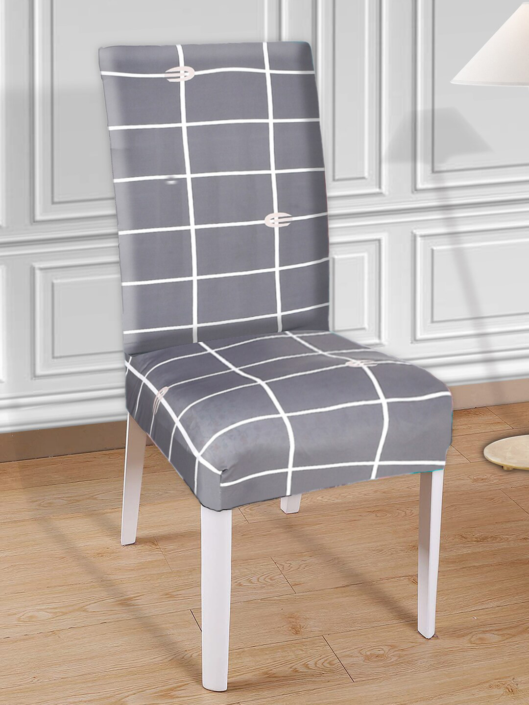 Kuber Industries Grey Checked Elastic Stretchable Chair Cover
