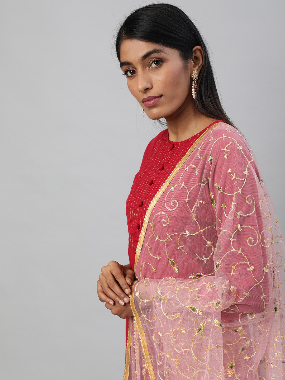 flaher Pink Embroidered Dupatta with Zari