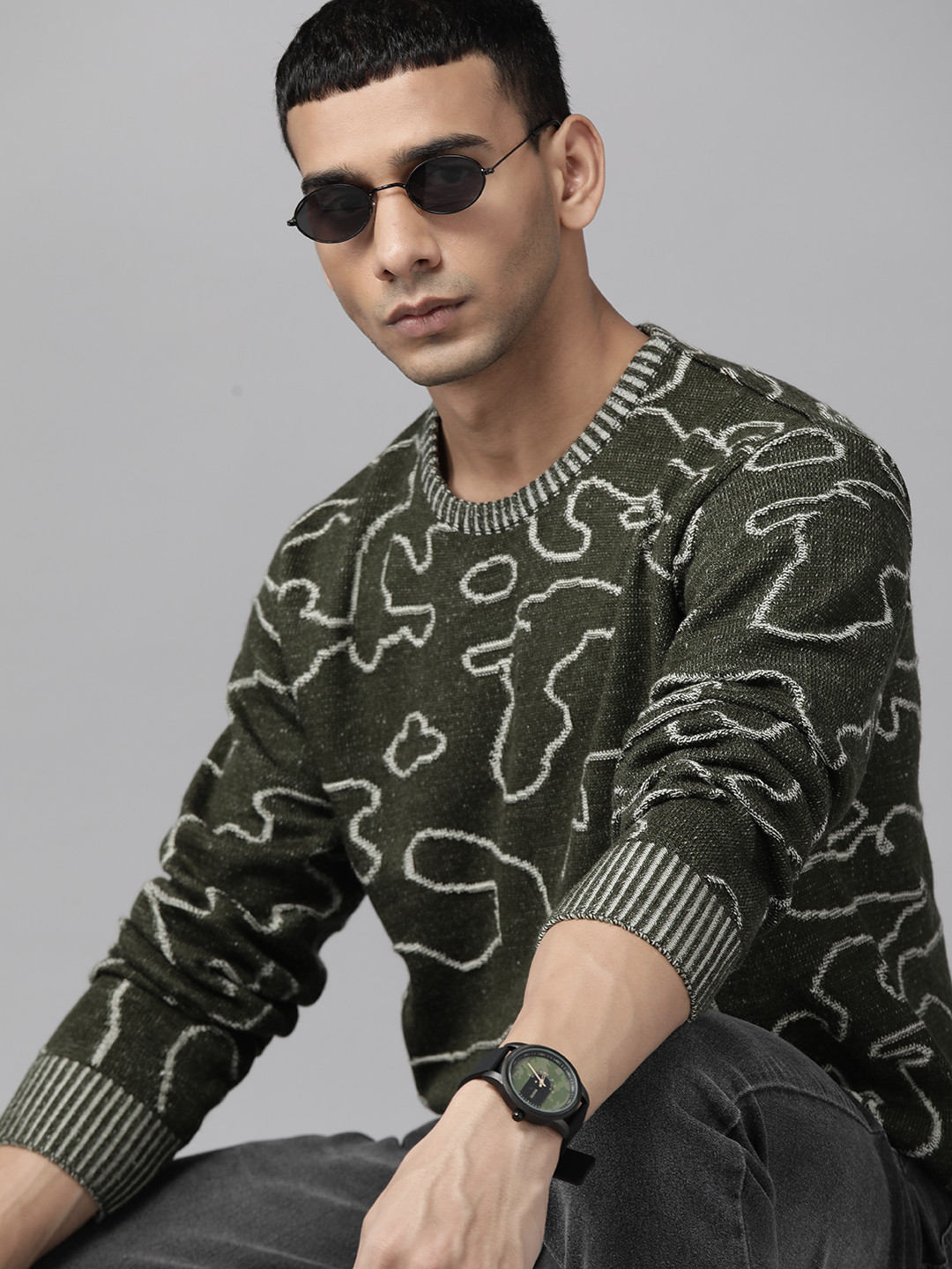 The Roadster Lifestyle Co. Men Green & Off White Acrylic Abstract Design Pullover