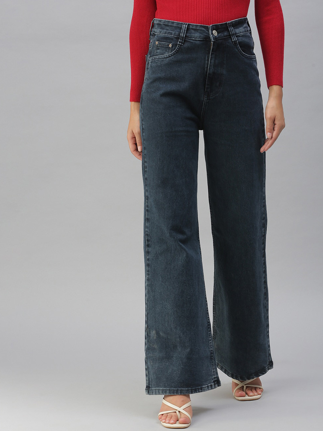SHOWOFFFF Women Charcoal Wide Leg High-Rise Stretchable Jeans